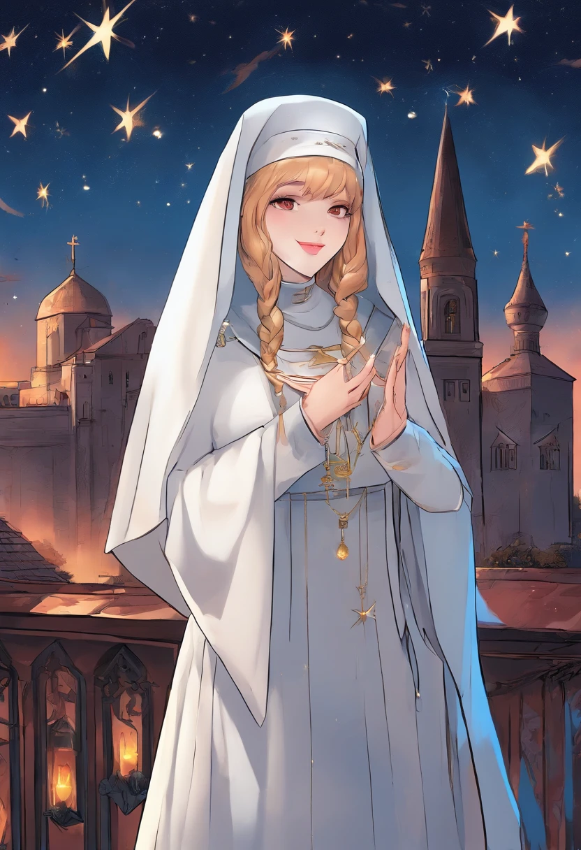 a picture of an exquisite beautiful female (nun: 1.3) vampire standing under the starry night sky on the porch of her monastary, full body, dynamic angle (ultra detailed, Masterpiece, best quality), ultra detailed face (ultra detailed, Masterpiece, best quality), ultra feminine, (pale skin: 1.3), red hair, wavy hair, dynamic eyes color, cold eyes, glowing eyes, intense eyes, dark red lips, [fangs], wearing white nun habit (ultra detailed, Masterpiece, best quality), wearing blue cloak (ultra detailed, Masterpiece, best quality), long cloak, flowing cloak (ultra detailed, Masterpiece, best quality), wearing high heeled boots, sky full of stars background, moon, bats flying about, high details, best quality, 8k, [ultra detailed], masterpiece, best quality, (ultra detailed), full body, ultra wide shot, photorealism, dark fantasy art, dark fantasy art, gothic art, many stars, dark fantasy art, gothic art, sense of dread, bloodmagic