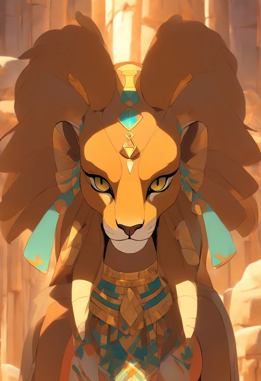(((Sekhmet))) best quality, ultra-high resolution, CG detalhado 4K, piece of master, Woman, Deusa leoa, raiva, mostrando presas, Roupas modernas, Egyptian mythology, deserto, esthetic, ((lioness head)) , Standing, Beautiful image, Centrado