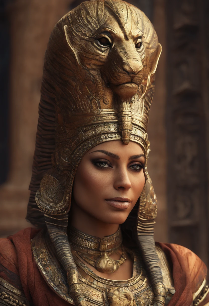 (((Sekhmet))) best quality, ultra-high resolution, CG detalhado 4K, piece of master, Woman, deusa leoa, raiva, mostrando presas, roupas modernas, Egyptian mythology, deserto, esthetic, ((lioness head)) , Standing, Beautiful image, Centrado