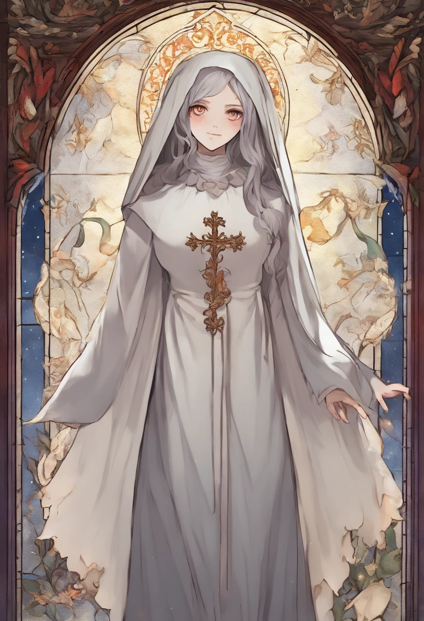 a picture of an exquisite beautiful female (nun: 1.3) vampire standing under the starry night sky on the porch of her monastary, full body, dynamic angle (ultra detailed, Masterpiece, best quality), ultra detailed face (ultra detailed, Masterpiece, best quality), ultra feminine, (pale skin: 1.3), red hair, wavy hair, dynamic eyes color, cold eyes, glowing eyes, intense eyes, dark red lips, [fangs], wearing white nun habit (ultra detailed, Masterpiece, best quality), wearing blue cloak (ultra detailed, Masterpiece, best quality), long cloak, flowing cloak (ultra detailed, Masterpiece, best quality), wearing high heeled boots, sky full of stars background, moon, bats flying about, high details, best quality, 8k, [ultra detailed], masterpiece, best quality, (ultra detailed), full body, ultra wide shot, photorealism, dark fantasy art, dark fantasy art, gothic art, many stars, dark fantasy art, gothic art, sense of dread, bloodmagic