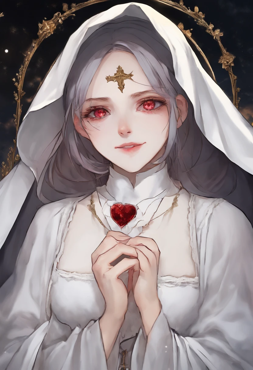 a picture of an exquisite beautiful female (nun: 1.3) vampire standing under the starry night sky on the porch of her monastary, full body, dynamic angle (ultra detailed, Masterpiece, best quality), ultra detailed face (ultra detailed, Masterpiece, best quality), ultra feminine, (pale skin: 1.3), red hair, wavy hair, dynamic eyes color, cold eyes, glowing eyes, intense eyes, dark red lips, [fangs], wearing white nun habit (ultra detailed, Masterpiece, best quality), wearing blue cloak (ultra detailed, Masterpiece, best quality), long cloak, flowing cloak (ultra detailed, Masterpiece, best quality), wearing high heeled boots, sky full of stars background, moon, bats flying about, high details, best quality, 8k, [ultra detailed], masterpiece, best quality, (ultra detailed), full body, ultra wide shot, photorealism, dark fantasy art, dark fantasy art, gothic art, many stars, dark fantasy art, gothic art, sense of dread, bloodmagic