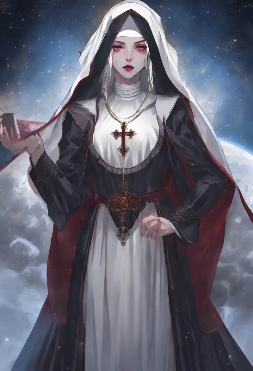 a picture of an exquisite beautiful female (nun: 1.3) vampire standing under the starry night sky on the porch of her monastary, full body, dynamic angle (ultra detailed, Masterpiece, best quality), ultra detailed face (ultra detailed, Masterpiece, best quality), ultra feminine, (pale skin: 1.3), red hair, wavy hair, dynamic eyes color, cold eyes, glowing eyes, intense eyes, dark red lips, [fangs], wearing white nun habit (ultra detailed, Masterpiece, best quality), wearing blue cloak (ultra detailed, Masterpiece, best quality), long cloak, flowing cloak (ultra detailed, Masterpiece, best quality), wearing high heeled boots, sky full of stars background, moon, bats flying about, high details, best quality, 8k, [ultra detailed], masterpiece, best quality, (ultra detailed), full body, ultra wide shot, photorealism, dark fantasy art, dark fantasy art, gothic art, many stars, dark fantasy art, gothic art, sense of dread, bloodmagic