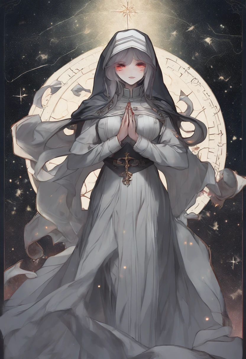 a picture of an exquisite beautiful female (nun: 1.3) vampire standing under the starry night sky on the porch of her monastary, full body, dynamic angle (ultra detailed, Masterpiece, best quality), ultra detailed face (ultra detailed, Masterpiece, best quality), ultra feminine, (pale skin: 1.3), red hair, wavy hair, dynamic eyes color, cold eyes, glowing eyes, intense eyes, dark red lips, [fangs], wearing white nun habit (ultra detailed, Masterpiece, best quality), wearing blue cloak (ultra detailed, Masterpiece, best quality), long cloak, flowing cloak (ultra detailed, Masterpiece, best quality), wearing high heeled boots, sky full of stars background, moon, bats flying about, high details, best quality, 8k, [ultra detailed], masterpiece, best quality, (ultra detailed), full body, ultra wide shot, photorealism, dark fantasy art, dark fantasy art, gothic art, many stars, dark fantasy art, gothic art, sense of dread, bloodmagic