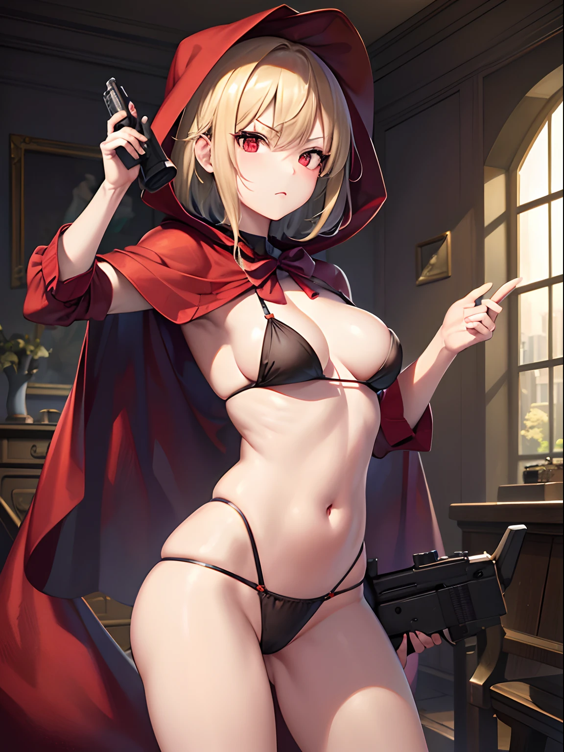 masutepiece,8K,(Lifelike，hight resolution:1.3)， 1 girl with a perfect body， super fine face and eyes,nffsw, ​masterpiece, high detailing, top-quality, Hi-Res, surrealism, 真实感, depth of fields, 电影灯光, Back lighting, F/1.8,Hasselblad, extremely delicate and beautiful,finely detail, ​masterpiece,Official art,extremely detailed eye and face、Facial light,(red riding hood:1.3),(Wearing a red hood),(Irritated),(Posing with a gun:1.3),(medium breasts⁩:1.1),Valley,(Blonde Shorthair:1.2),Broken Video，School in ruins,scary atmosphere,mood lighting,nakeness,Spooky,soil,deep dark background,the complex background,Storytelling images,