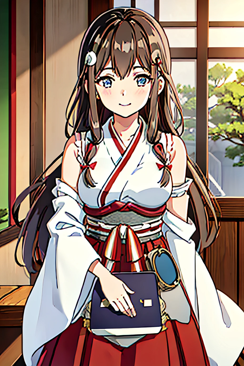 NITTAKANAYAMA,BROWN HAIR,LONG HAIR, HAIR ORNAMENT,JAPANESE CLOTHES, HAKAMA SKIRT, OBI,SLEEVELESS, WIDE SLEEVES, WHITE SHIRT, RED SKIRT, MIDAM BREASTS, 1girl, solo, upper body, facing viewer, looking at viewer, smile.