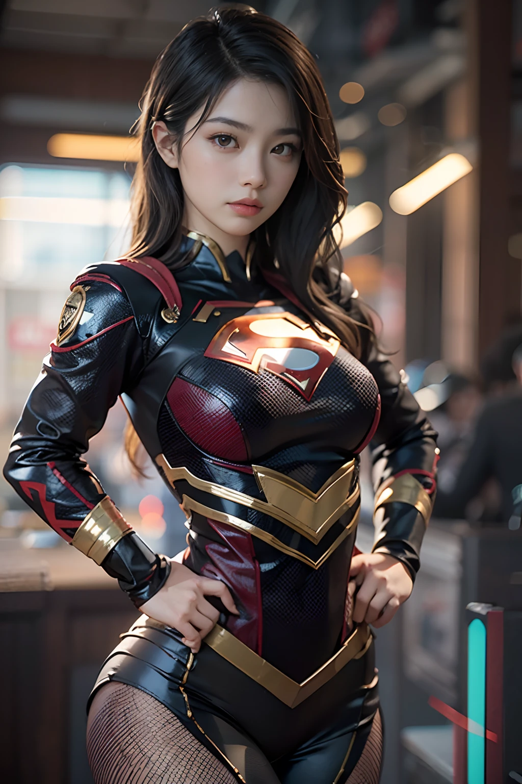 asian female, 23 years, Curvaceous Body, cabello largo y negro, ojos marrones, mirada tierna, roguish smirk, traje de Supergirl futurista, ajustado a su cuerpo, sable de luz oscura, imagen 3D, 4K Full HD resolution,