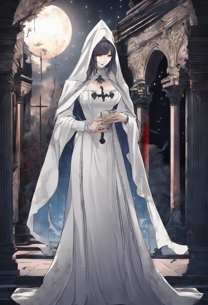 a picture of an exquisite beautiful female (nun: 1.3) (vampire: 1.5) standing under the starry night sky on the porch of her monastary, full body, dynamic angle (ultra detailed, Masterpiece, best quality), ultra detailed face (ultra detailed, Masterpiece, best quality), ultra feminine, (pale skin: 1.3), red hair, wavy hair, dynamic eyes color, cold eyes, glowing eyes, intense eyes, dark red lips, [fangs], wearing white nun habit (ultra detailed, Masterpiece, best quality), wearing blue cloak (ultra detailed, Masterpiece, best quality), long cloak, flowing cloak (ultra detailed, Masterpiece, best quality), wearing high heeled boots, sky full of stars background, moon, bats flying about, high details, best quality, 8k, [ultra detailed], masterpiece, best quality, (ultra detailed), full body, ultra wide shot, photorealism, dark fantasy art, dark fantasy art, gothic art, many stars, dark fantasy art, gothic art, sense of dread, bloodmagic
