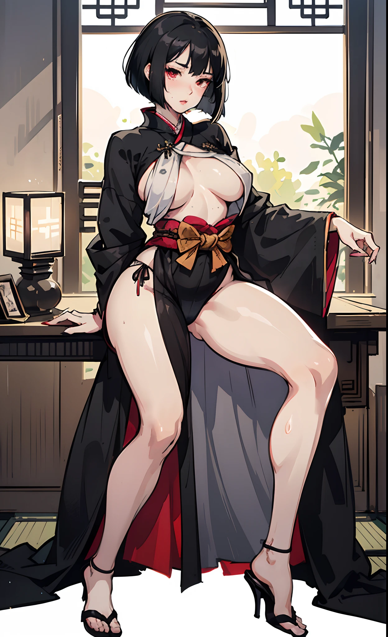 1 woman (Black hair, thin red eyes, asian, medium breasts, hourglass figure, wide hips, slim and fit waist, long legs, plump round ass, mature, sensual, sexy, erotic, bob cut, plump lips), the woman is in a traditional Japanese alley (figure fitting and revealing black kimono, high heels, no bra, lacy panties, boob window), 4K, detailed, sweating, anime style