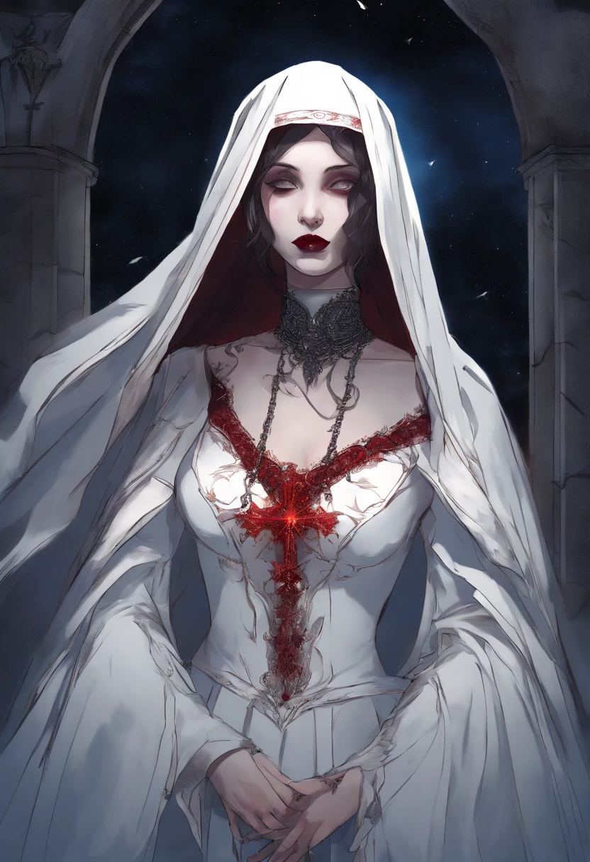 a picture of an exquisite beautiful female (nun: 1.3) (vampire: 1.5) standing under the starry night sky on the porch of her monastary, full body, dynamic angle (ultra detailed, Masterpiece, best quality), ultra detailed face (ultra detailed, Masterpiece, best quality), ultra feminine, (pale skin: 1.3), red hair, wavy hair, dynamic eyes color, cold eyes, glowing eyes, intense eyes, dark red lips, [fangs], wearing white nun habit (ultra detailed, Masterpiece, best quality), wearing blue cloak (ultra detailed, Masterpiece, best quality), long cloak, flowing cloak (ultra detailed, Masterpiece, best quality), wearing high heeled boots, sky full of stars background, moon, bats flying about, high details, best quality, 8k, [ultra detailed], masterpiece, best quality, (ultra detailed), full body, ultra wide shot, photorealism, dark fantasy art, dark fantasy art, gothic art, many stars, dark fantasy art, gothic art, sense of dread, bloodmagic