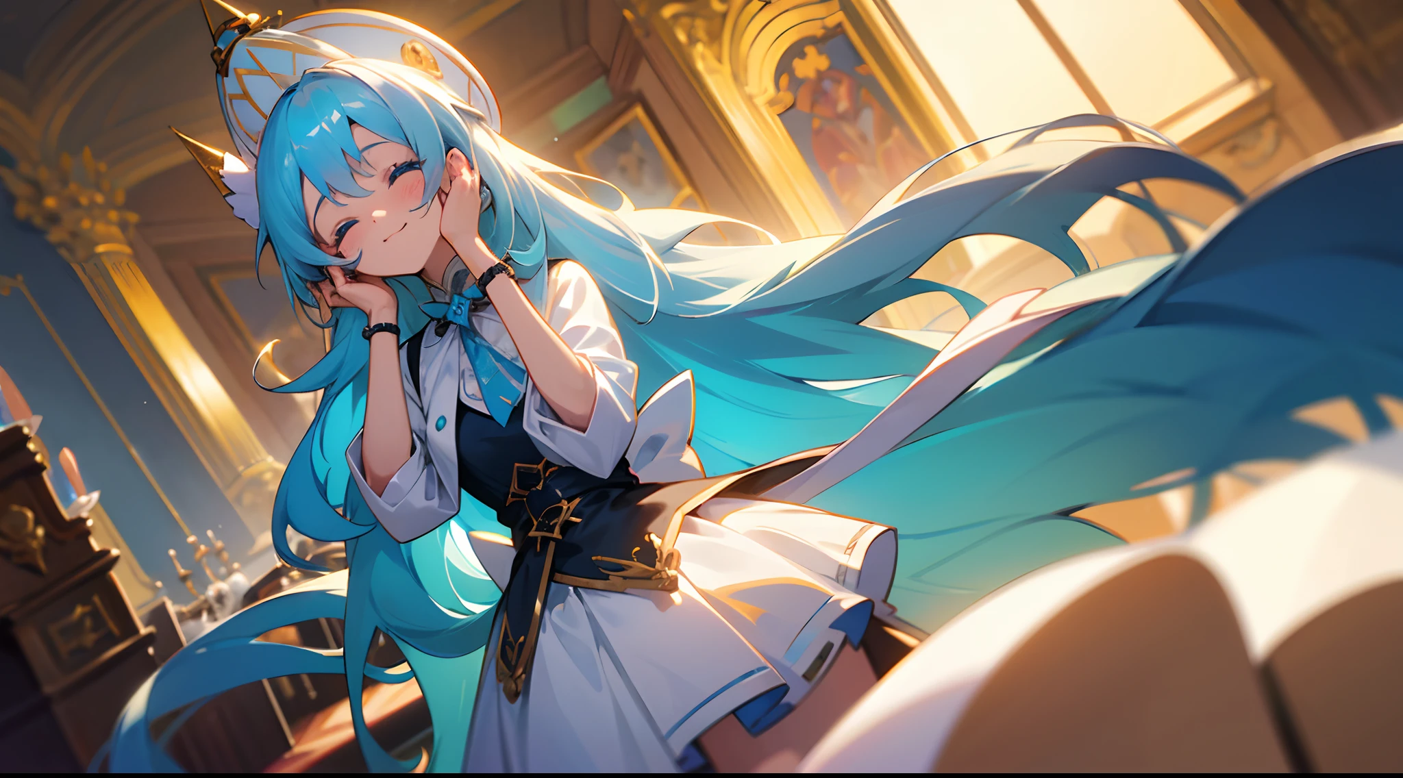 Cute Girl, Solo, long shiny light blue long hair, Tied hair, Blue eyes, (Very happy to close her eyes), Hair fastened to her hair, Big colorful cake on antique café table, One amazing tall cake,Party Hats