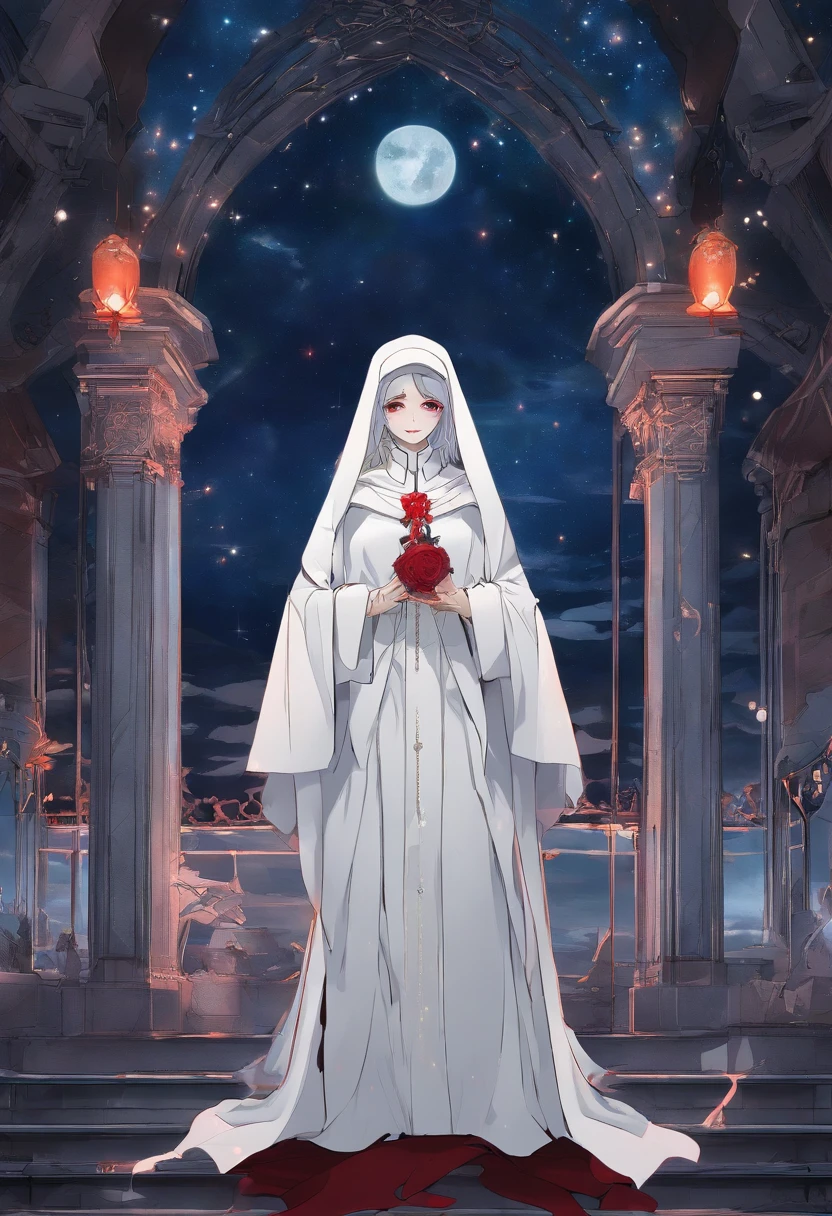 a picture of an exquisite beautiful female (nun: 1.3) (vampire: 1.5) standing under the starry night sky on the porch of her monastary, full body, dynamic angle (ultra detailed, Masterpiece, best quality), ultra detailed face (ultra detailed, Masterpiece, best quality), ultra feminine, (pale skin: 1.3), red hair, wavy hair, dynamic eyes color, cold eyes, glowing eyes, intense eyes, dark red lips, [fangs], wearing white nun habit (ultra detailed, Masterpiece, best quality), wearing blue cloak (ultra detailed, Masterpiece, best quality), long cloak, flowing cloak (ultra detailed, Masterpiece, best quality), wearing high heeled boots, sky full of stars background, moon, bats flying about, high details, best quality, 8k, [ultra detailed], masterpiece, best quality, (ultra detailed), full body, ultra wide shot, photorealism, dark fantasy art, dark fantasy art, gothic art, many stars, dark fantasy art, gothic art, sense of dread, bloodmagic