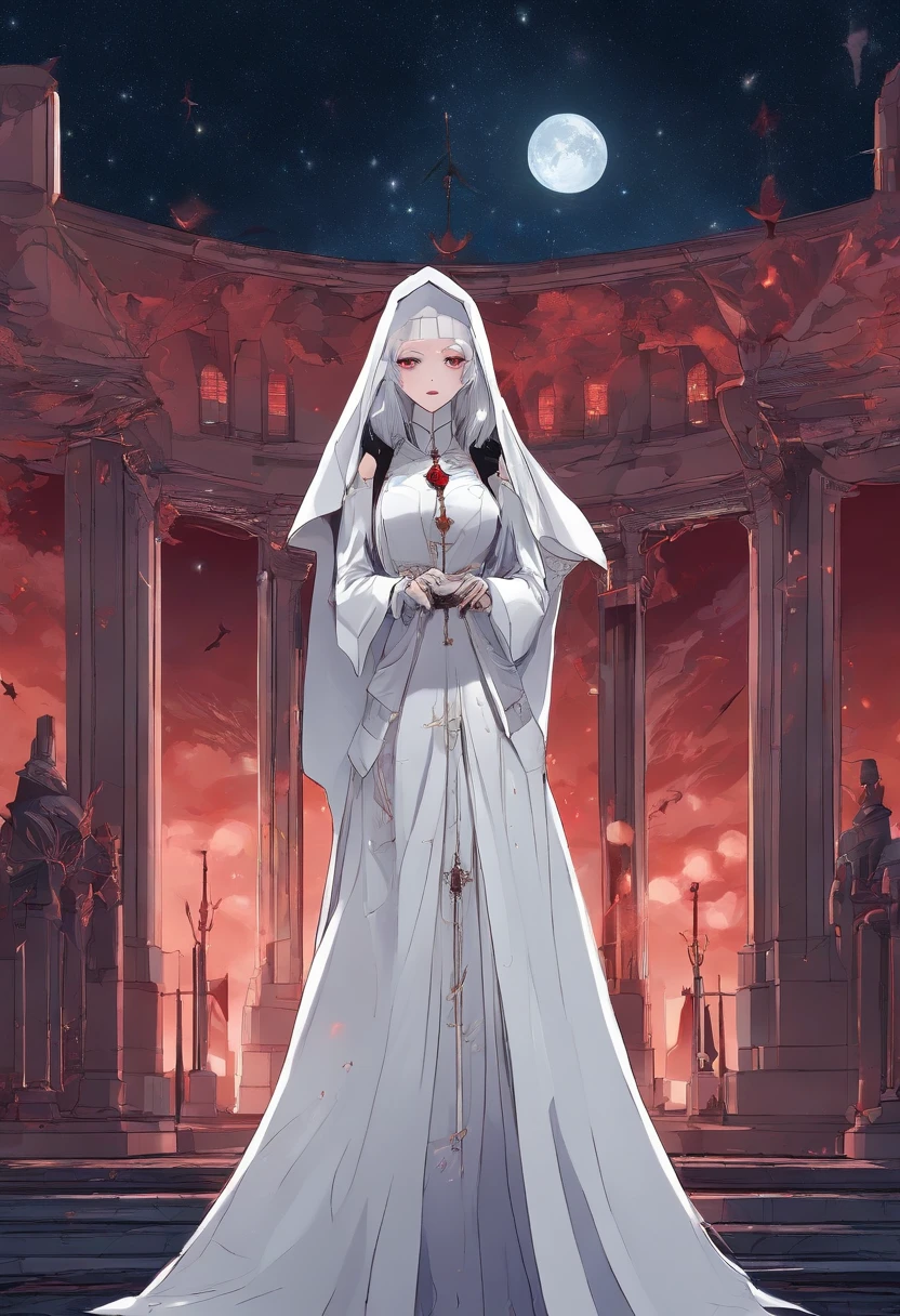 a picture of an exquisite beautiful female (nun: 1.3) (vampire: 1.5) standing under the starry night sky on the porch of her monastary, full body, dynamic angle (ultra detailed, Masterpiece, best quality), ultra detailed face (ultra detailed, Masterpiece, best quality), ultra feminine, (pale skin: 1.3), red hair, wavy hair, dynamic eyes color, cold eyes, glowing eyes, intense eyes, dark red lips, [fangs], wearing white nun habit (ultra detailed, Masterpiece, best quality), wearing blue cloak (ultra detailed, Masterpiece, best quality), long cloak, flowing cloak (ultra detailed, Masterpiece, best quality), wearing high heeled boots, sky full of stars background, moon, bats flying about, high details, best quality, 8k, [ultra detailed], masterpiece, best quality, (ultra detailed), full body, ultra wide shot, photorealism, dark fantasy art, dark fantasy art, gothic art, many stars, dark fantasy art, gothic art, sense of dread, bloodmagic