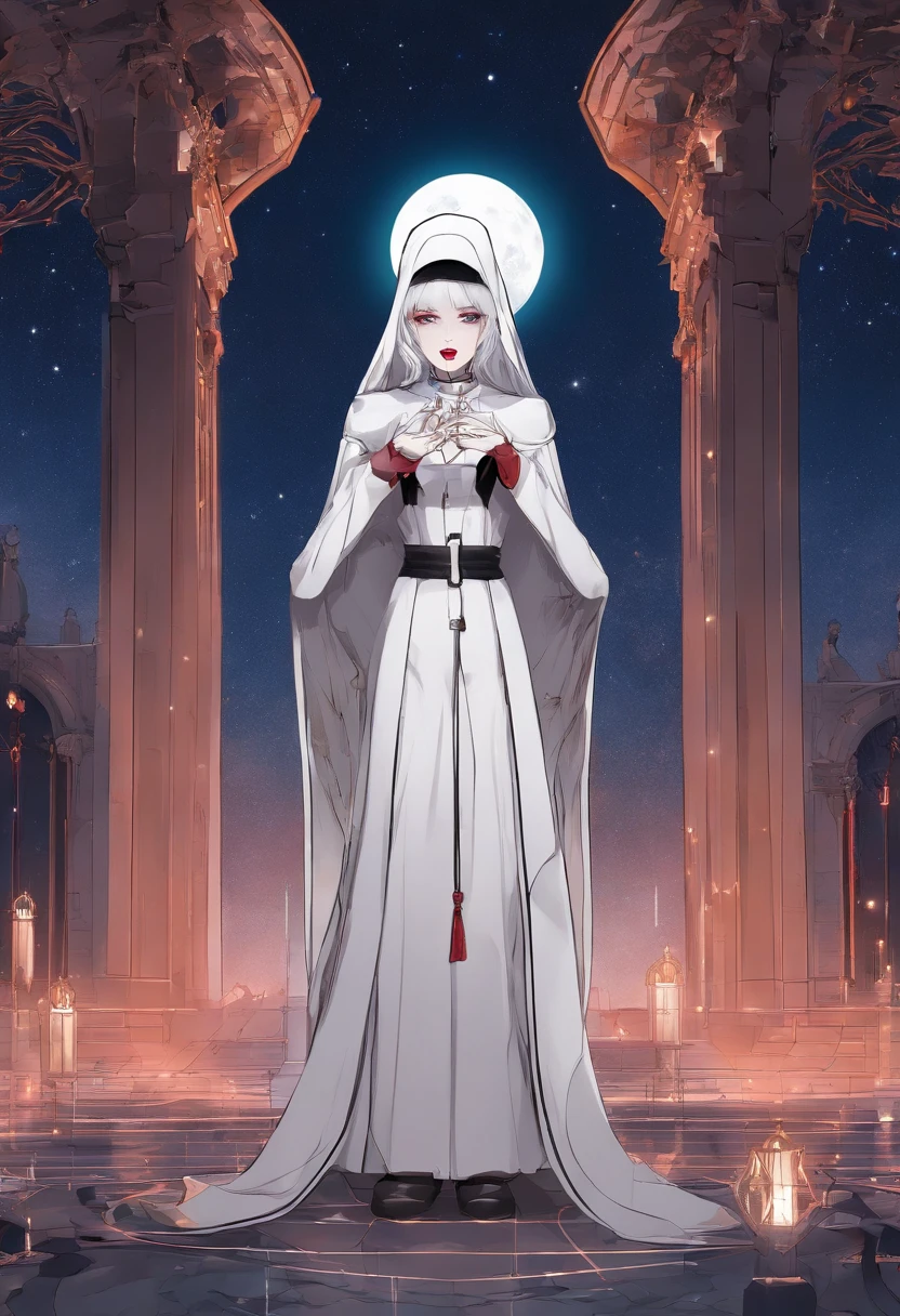 a picture of an exquisite beautiful female (nun: 1.3) (vampire: 1.5) standing under the starry night sky on the porch of her monastary, full body, dynamic angle (ultra detailed, Masterpiece, best quality), ultra detailed face (ultra detailed, Masterpiece, best quality), ultra feminine, (pale skin: 1.3), red hair, wavy hair, dynamic eyes color, cold eyes, glowing eyes, intense eyes, dark red lips, [fangs], wearing white nun habit (ultra detailed, Masterpiece, best quality), wearing blue cloak (ultra detailed, Masterpiece, best quality), long cloak, flowing cloak (ultra detailed, Masterpiece, best quality), wearing high heeled boots, sky full of stars background, moon, bats flying about, high details, best quality, 8k, [ultra detailed], masterpiece, best quality, (ultra detailed), full body, ultra wide shot, photorealism, dark fantasy art, dark fantasy art, gothic art, many stars, dark fantasy art, gothic art, sense of dread, bloodmagic