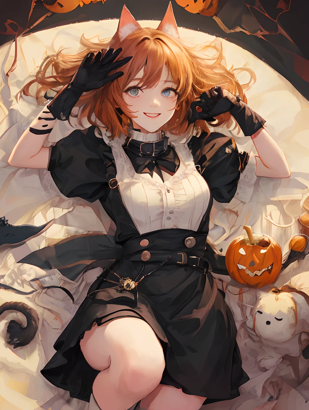 Girl, cute smile, cat ears, tail, medium hair, white short-sleeved shirt with collar, black dress, cat paw design gloves, pumps, Halloween