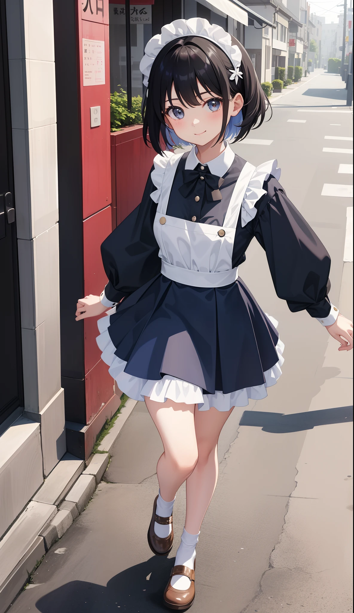 1girl in、AS-Adult、A smile、The shirt、skirt by the、（small tits）、doress、pinafore、Hair decoration、（Maid costume）、Walking with a thigh、Upper body portrait、movement、