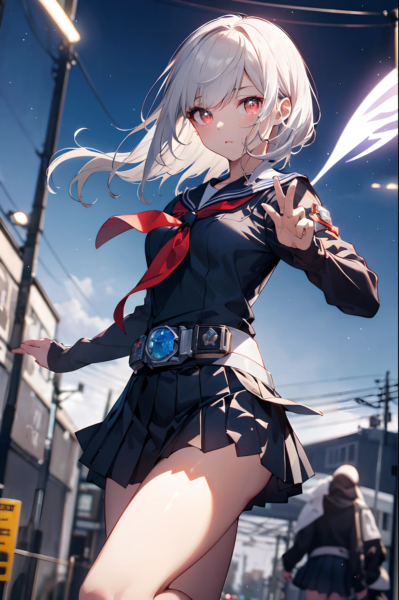 (tmasterpiece、top-quality、in 8K、32K、masterpiece、nffsw、超A high resolution、Impresionismo、Photorealsitic:1.2)、cowboy shot、foco nítido、detailed faces and eyes、beauitful face、blurry backround、blue open sky、shinny skin、Sharp pupils、Realistic pupils、beauitful face、blurry backround、18 year old beautiful girl、shinny skin、short-hair、poneyTail、Black and beautiful hair、Red Eyes、(a sailor suit、Dark blue pleated skirt、Standing with open legs:1.3)、(Skirt Roll Up、White panties are visible:1.2)、thighs thighs thighs thighs、Curve、Dynamic Poses、Powerful composition、(kamen rider action pose, kamen rider character, Kamen Rider Ghost, Kamen Rider, fourze, battle action pose, high fantasy kamen rider, posing as a jojo character, tokusatsu, hero action pose, :1.2)、Troubled face、I'm in a hurry、Teary-eyed、Sweating、Zombies on girl background