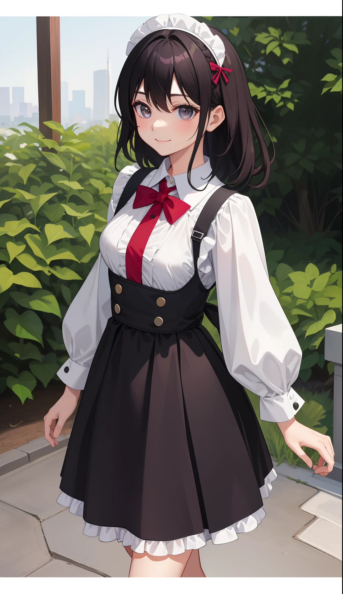 1girl in、AS-Adult、A smile、The shirt、skirt by the、(small tits)、doress、pinafore、Hair decoration、(Maid costume)、Walking with a thigh、Upper body portrait、movement、