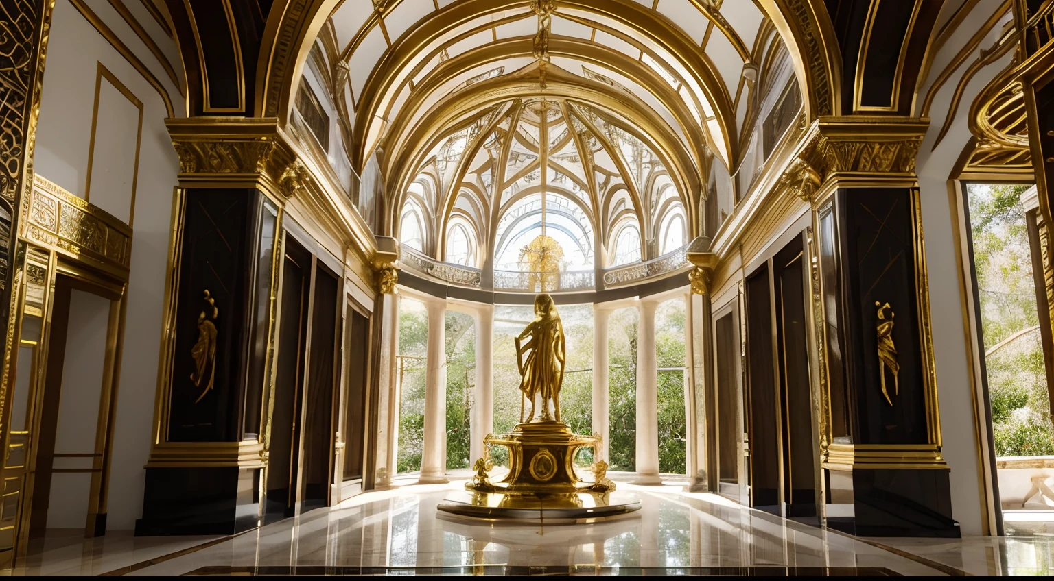 Greek mythology themed statue made of black marble with gold and white veins, Detailed in millionaire mansion Rococo style, noche,luces tenues alumbrando, ambiente oscuro y misterioso, sofisticado, Eccentric, Berni, Michelangelo's, , Alto contraste de luces y sombras, profesional photography, utrarealista, Light Volumetric, kinematics