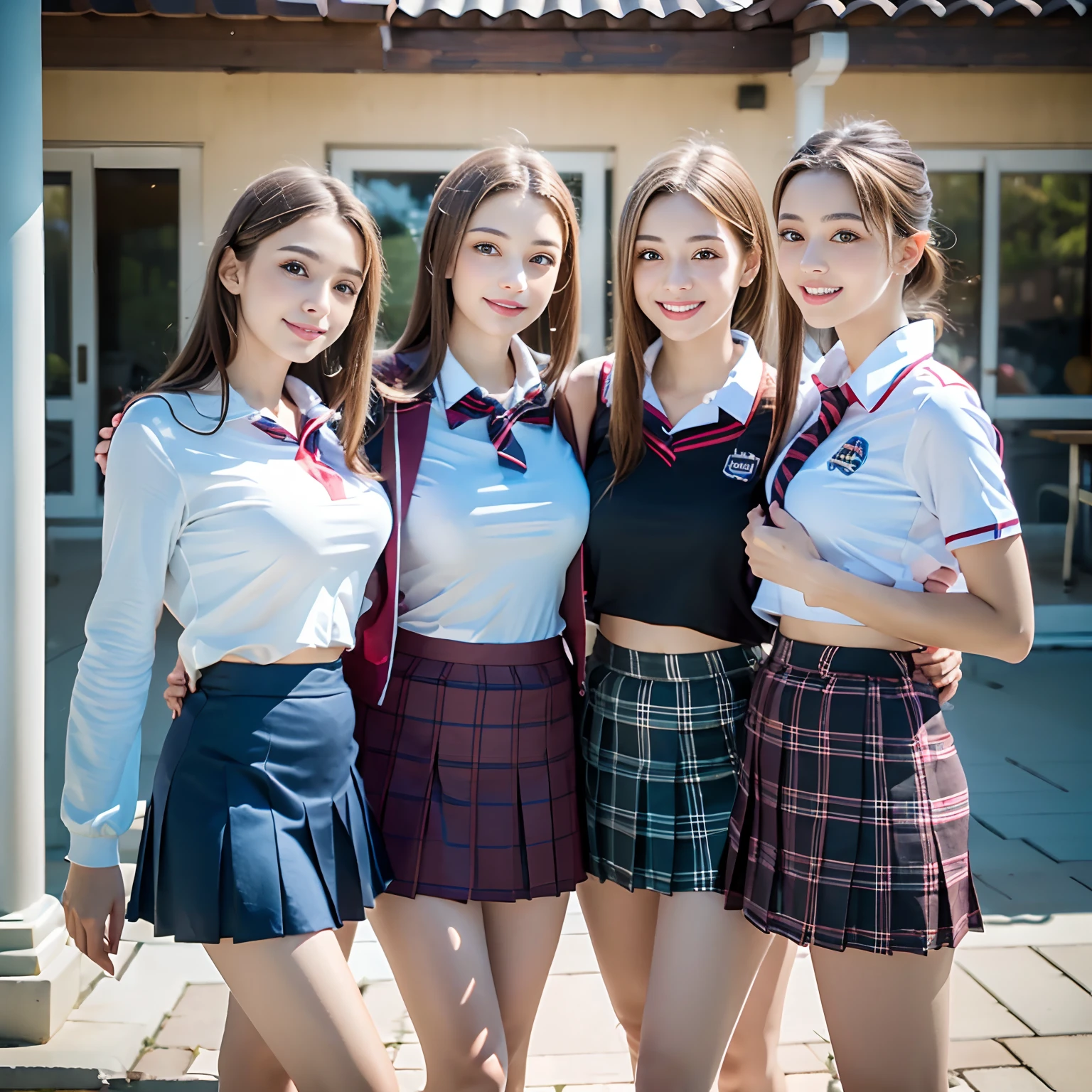 High school girls inside spa, looking at viewer, smiling, open mouth, silky skins, natural makeup, glossy lips,  group shot, (show tits:1.3), (high school uniform:1.5), (naked :0.8), (3 girls:1.3), perfect style, attractive feminine body, (raw photo:1.4),(( plaid skirt, pleated skirt, legs wide open, wet clothes)), (gentle light, 8k, raw photo, shot by Canon EOS),