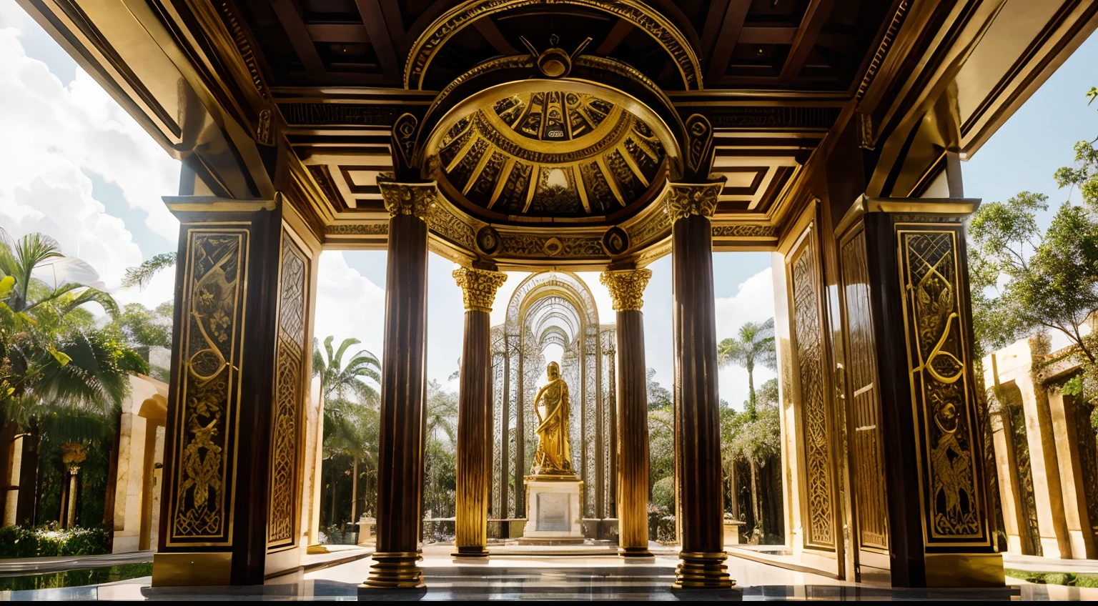 golden statue,Arquitetura maia,arquitetura asteca,Arquitetura dourada,ouro,selva,amazonia,cores ricas,Large statue,antigo,metal precioso,detalhes ornamentados,ouro cintilante,tamanho impressionante,majestic presence,Shining in the sunlight,architectural wonder,Inspirador,Artesanato meticuloso,ancient civilisation,floresta,aldeia,Reflexos dourados,Beleza requintada,Magnificent structure,gleaming surface,Vista inspiradora,architectural masterpiece,esculturas intrincadas,Opulent décor,architectural wonder,mesmerizing presence,Symbol of power and wealth,expression of astonishment,encantado pelo seu esplendor,atmosfera inspiradora