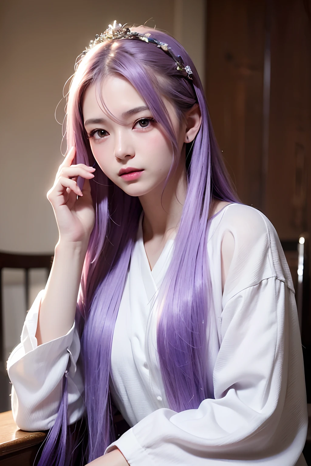 top-quality、​masterpiece、超A high resolution、(Photorealsitic:1.4)、Raw foto、film grains、1girl、length hair、（Lavender ash hair color、Fancy accessories）、Eyes and faces with detailed、white suit、Dynamic Lighting、murky、deep-shadows、Unobtrusive、cowboy  shot
