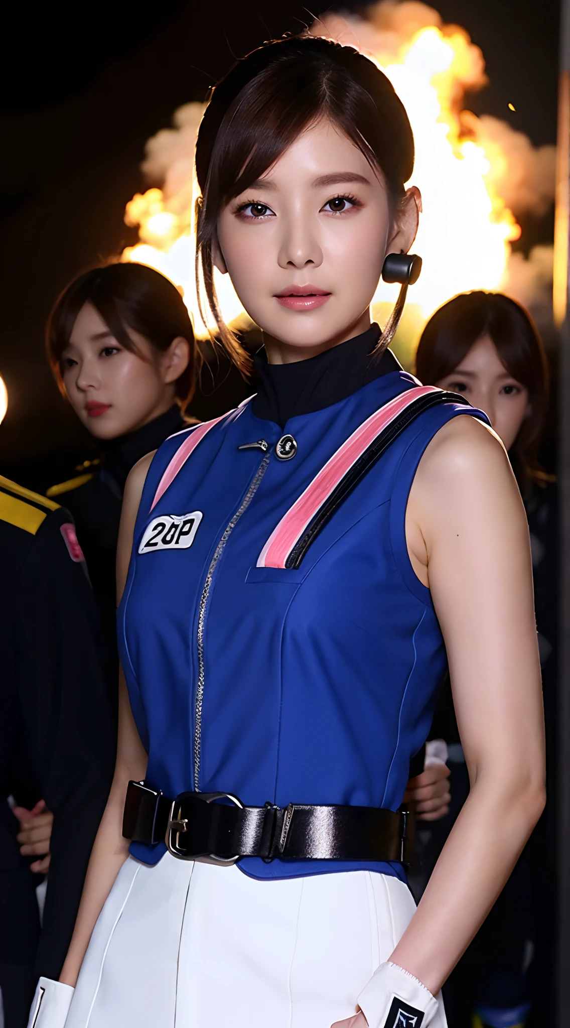 (Top Quality, Ultra High Definition, Photorealistic:1.4), (cowboy shot:1), 1 Beautiful Armed Girl, (Kpop Idol), Detailed Face, (Hair Style: Pink:1, fullbang, shortbob-style:1), Contrapposto, Perfect Anatomy, ((wearing Futuristic Police Racing Suits, low-mini-skirt, police wappen, High-tech Headset, military harness, racing gloves, )), (Cloths colors based on silver pink black white), (background, crashed cars, fire, (Explosion)),