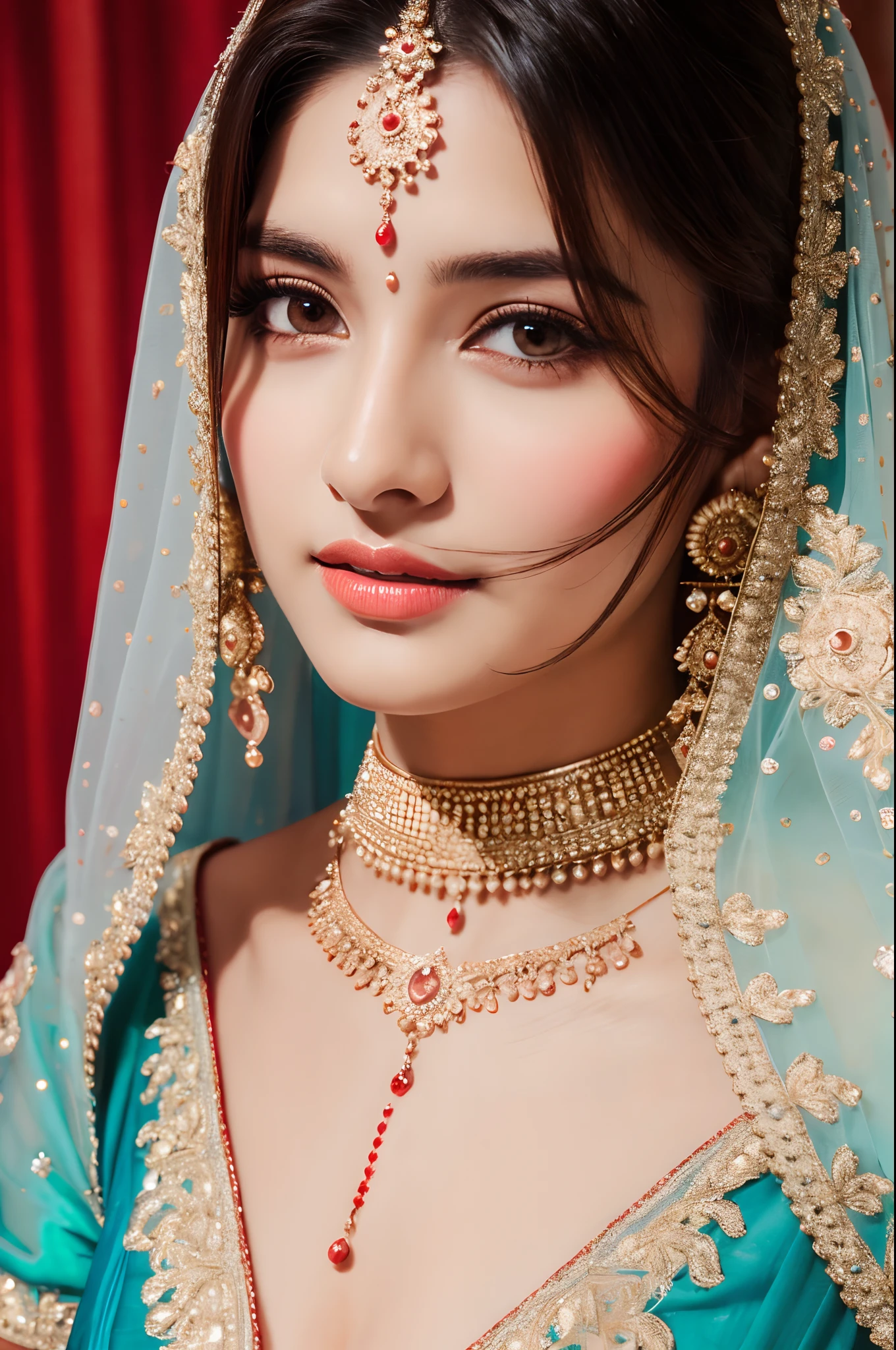 Beautiful face, Indian bride, intense makeup, skin texture, hyper detailed, cleavage