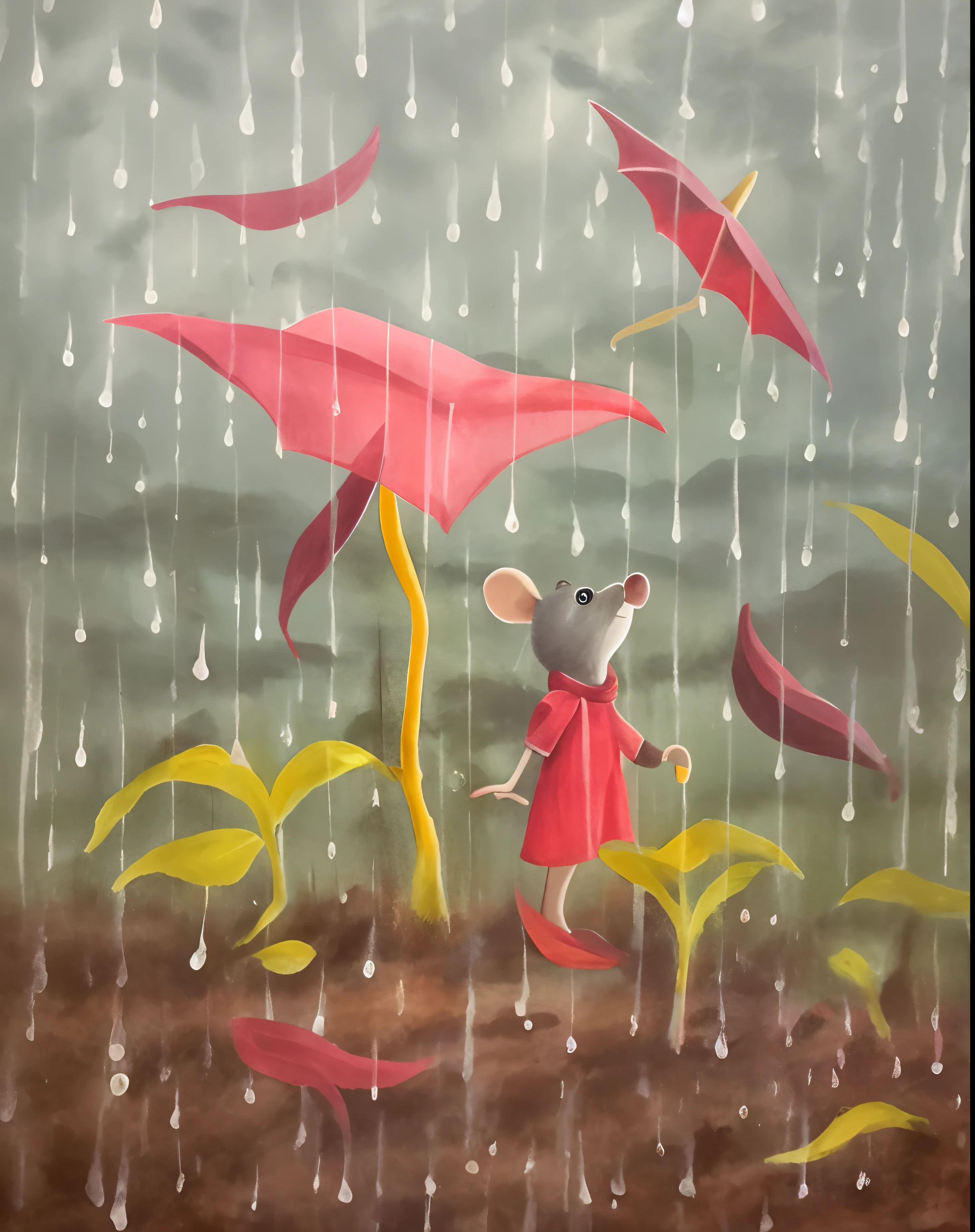 There's a painting of a mouse standing in the rain, raining outside, chuva de outono turkel, Chovendo, Chovendo!, sob chuva, tarde chuvosa, tempo chuvoso, In the rain, it's raining outside, Clima chuvoso, it's raining, chuva caindo, Chuva, ela\'s raining, enquanto chove, Dia chuvoso, nebuloso e chuvoso