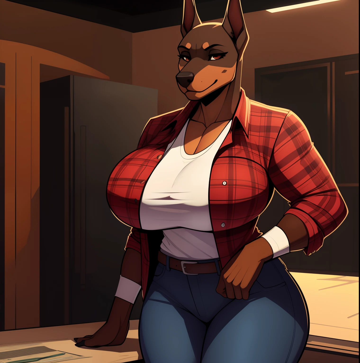 Very_muscular_mature_doberman female dark_brown_two-tone_furry_body brown_eyes milf unbuttoned_plaid_shirt  jeans wife solo Masterpiece best_quality absurdres highly_detailed cleanly_drawn_eyes anthro_only large_breasts by_claweddrip, by_greasymojo, by_underscore-b, by_runawaystride