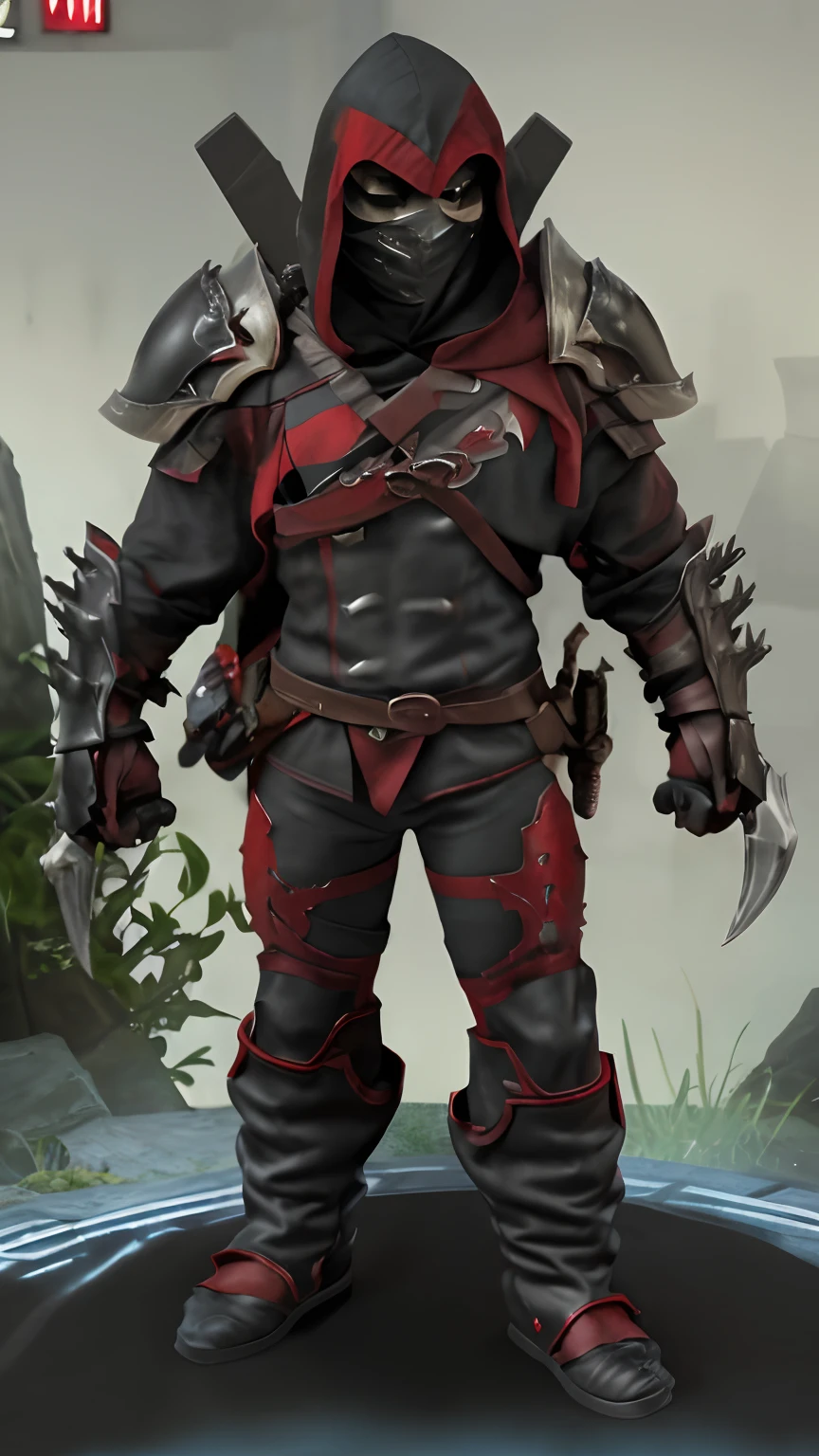 a male fantasy assassin wearing black and red armor, wearing a mask, wearing a hood, with claws as weapons