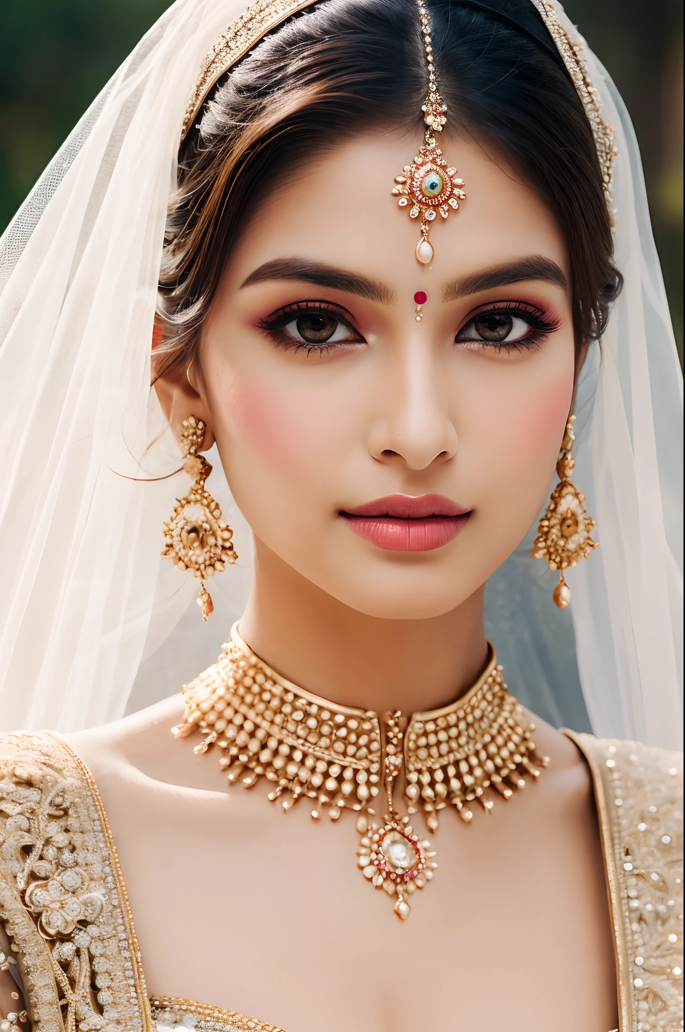 Beautiful face, Indian bride, intense makeup, skin texture, hyper detailed
