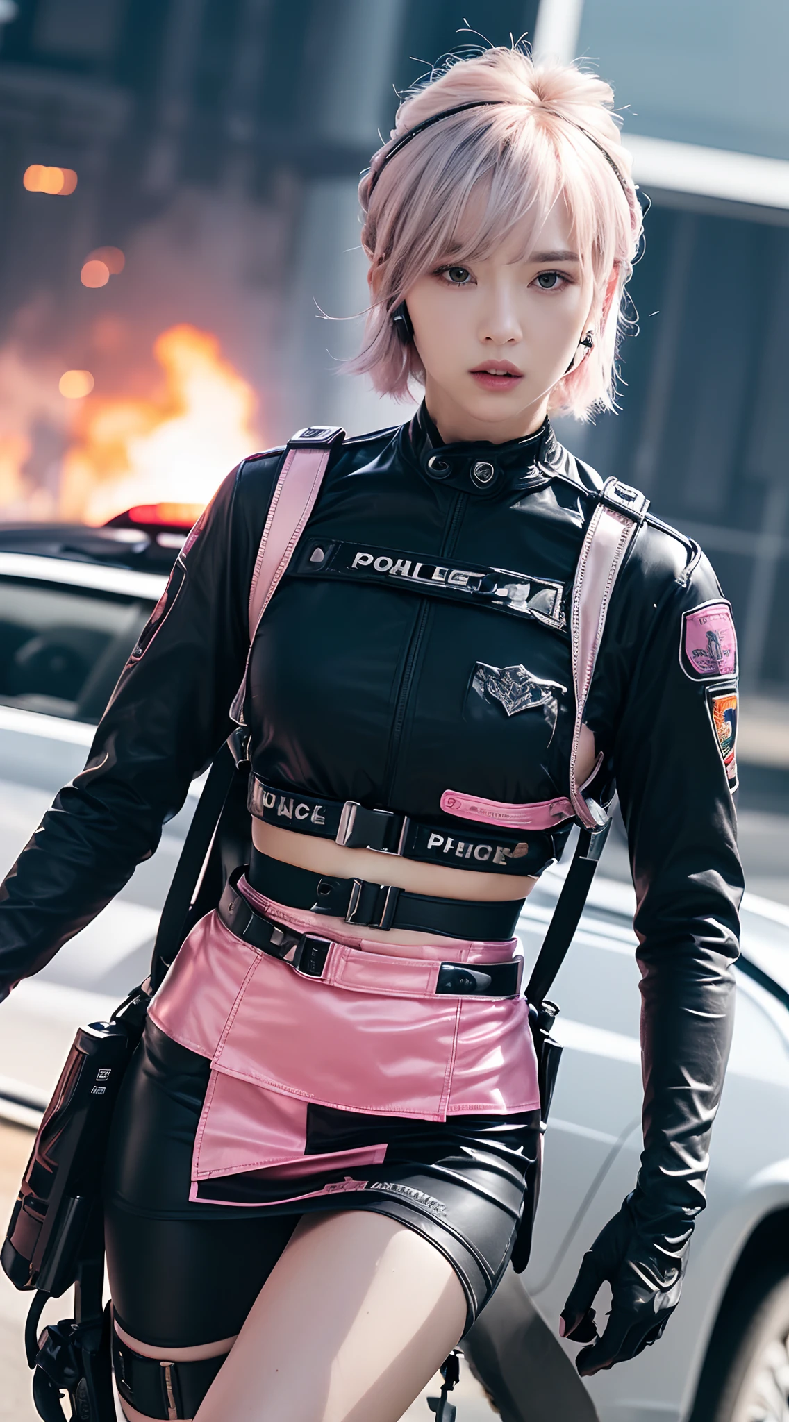 (Top Quality, Ultra High Definition, Photorealistic:1.4), (cowboy shot:1), 1 Beautiful Armed Girl, (Kpop Idol), Detailed Face, (Hair Style: long hair blonde:1, fullbang, shortbob-style:1), Contrapposto, Perfect Anatomy, ((wearing Futuristic Police Racing Suits, low-mini-skirt, police wappen, High-tech Headset, military harness, racing gloves, )), (Cloths colors based on silver pink black white), (background, crashed cars, fire, (Explosion)),