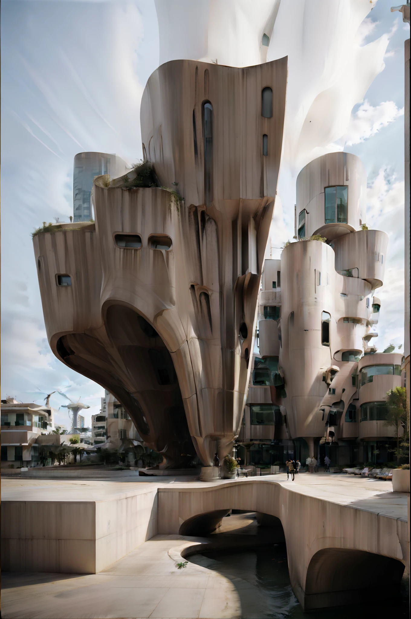 A tall building in a futuristic city designed by Zaha Hadid, a futuristic building, a modern building, sidewalks around the building, imagination, a fusion between the future and the past, hanging gardens, the hanging gardens of Babylon, sustainability, future technology, Very tall building, architectural creativity, new culture, self-sufficiency, the golden ratio, a beautiful building in the middle of the image, a blurry background, one building, spread, natural colors, calm colors, masterpiece, art, better resolution