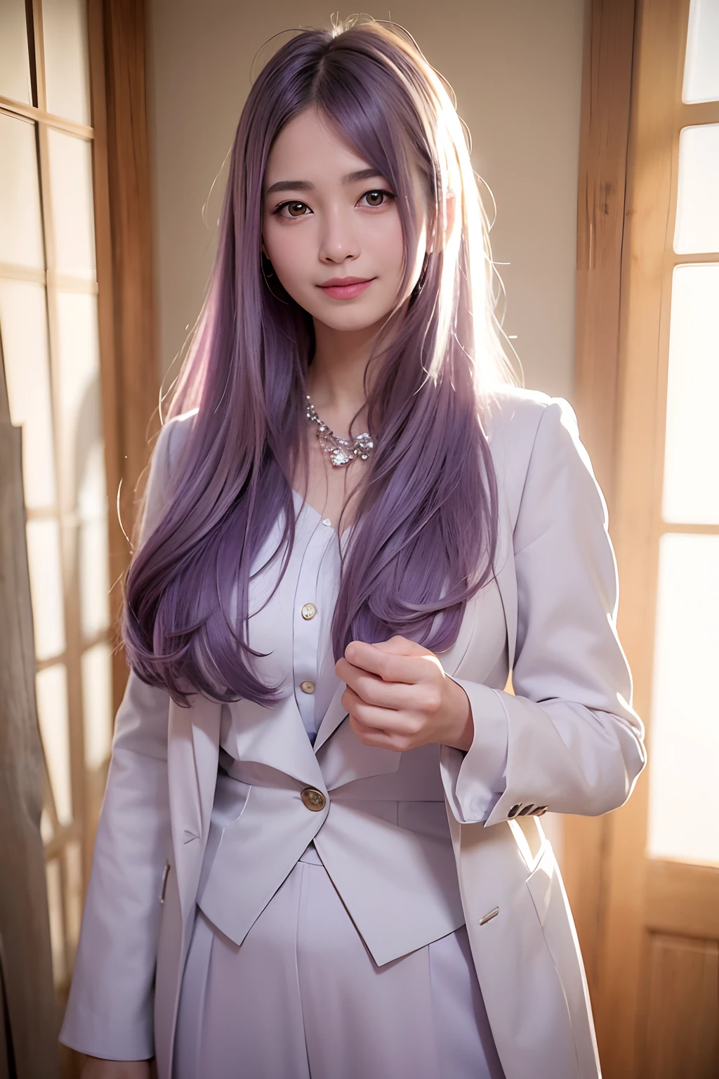 top-quality、​masterpiece、超A high resolution、(Photorealsitic:1.4)、Raw foto、film grains、1girl、length hair、（Lavender ash hair color、Fancy accessories、a smile）、Eyes and faces with detailed、white suit、Dynamic Lighting、murky、deep-shadows、Unobtrusive、cowboy  shot