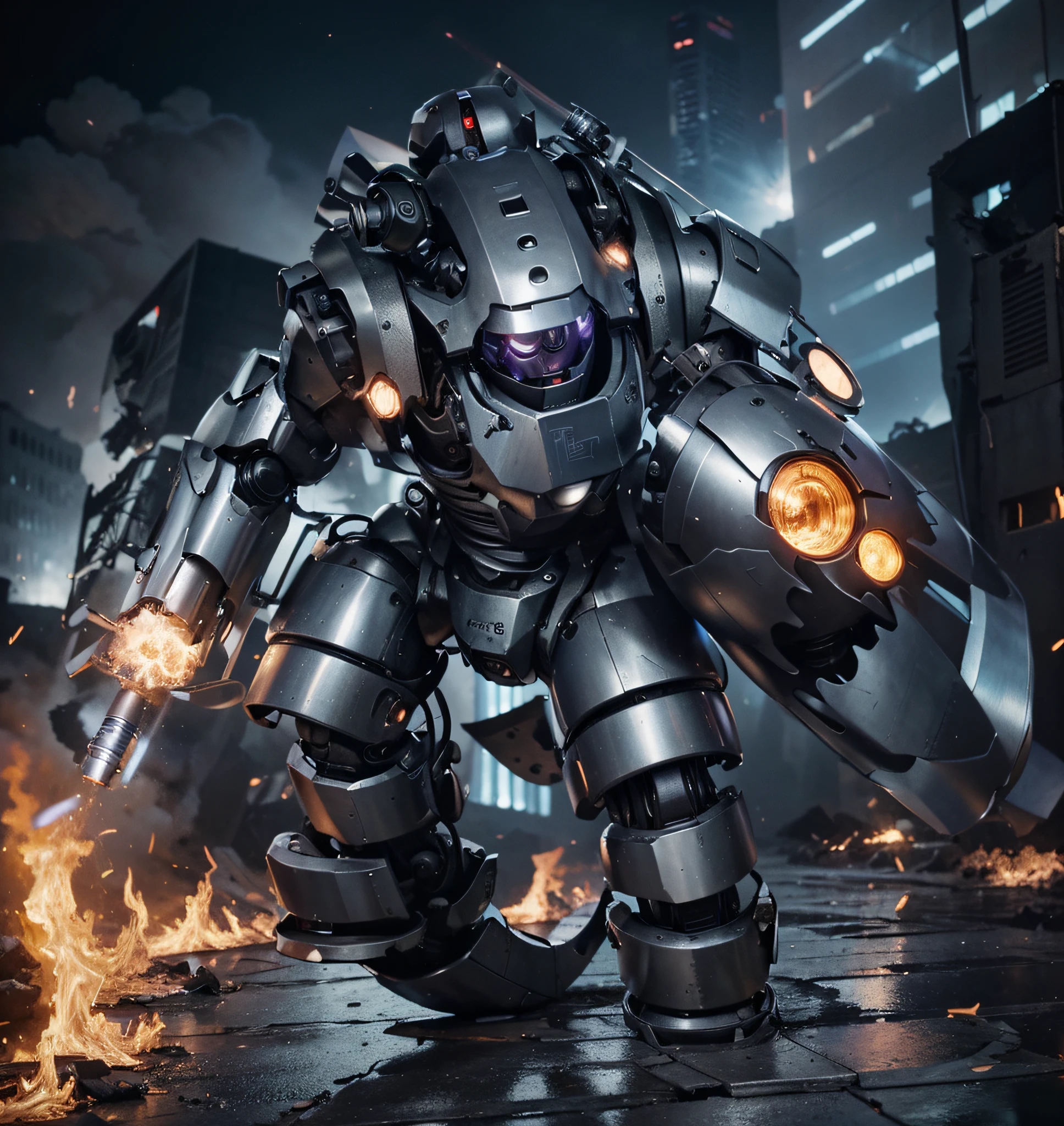 The ultra advanced dieselpunk style robot mech carries a laser cannon on one arm and a shield on the other, Realistic metallic gray color with purple details, this is a completely destroyed city lot of fire, ultra realistic, Ultra detailed, Hyper realistic, 4k, Ultra detailed image, realistic, Highly detailed, perfect composition, beautiful intricately detailed incredibly detailed, 8K fine art photography, hyper detailed, Masterpieceultra realistic, Ultra detailed, Hyper realistic, 4k, Ultra detailed image , realistic, Highly detailed, perfect composition, beautiful intricately detailed incredibly detailed , 8K fine art photography, hyper detailed, Masterpiece