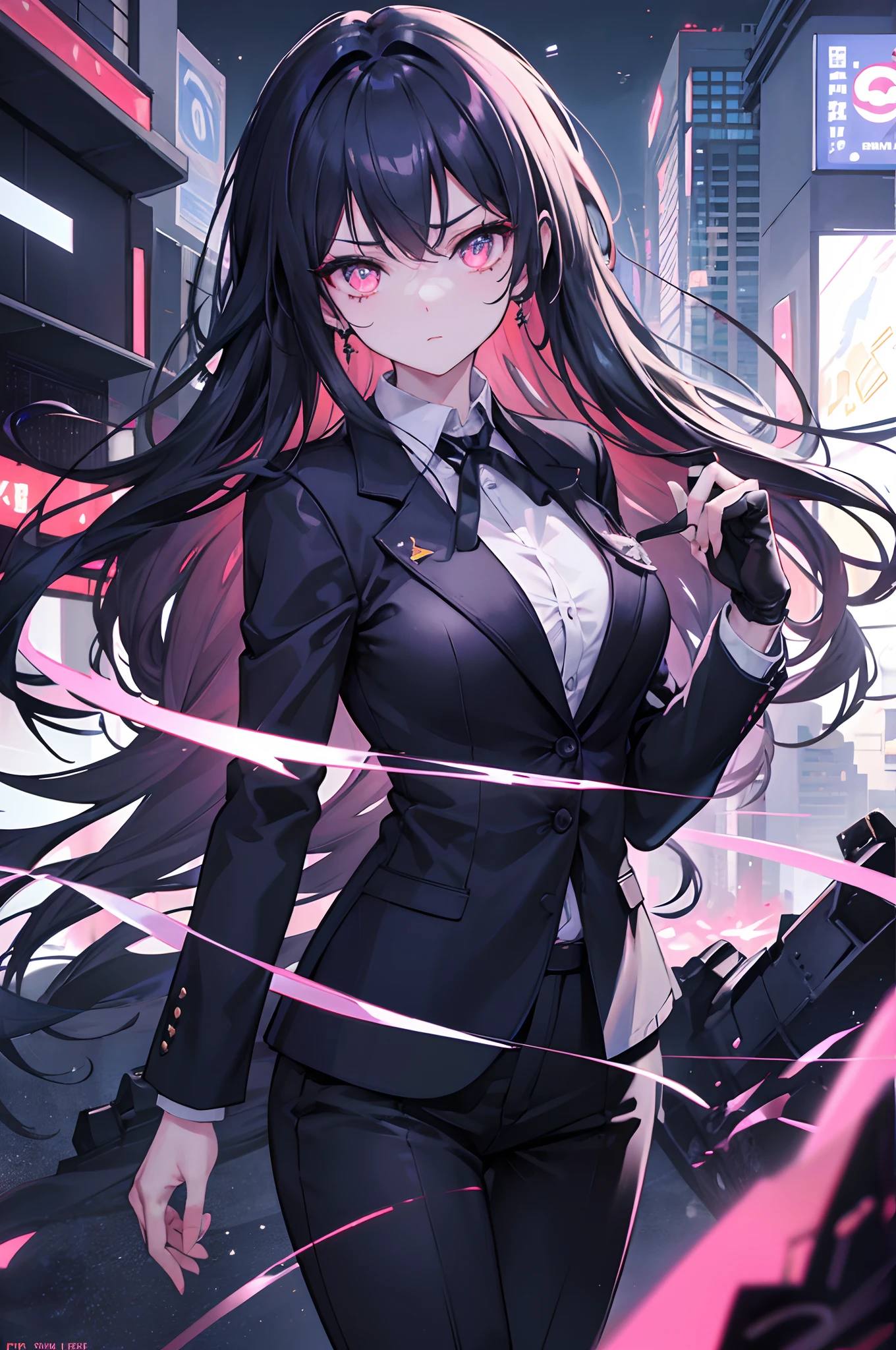 16k, HDR, RTX, ray traced, natural lighting, absurdress, The best masterpiece of quality, perfect anatomy, High facial detail, A detailed eye, 1girl, 独奏, Wearing a business suit, Shirt, The top button is open, beautiful hair, extremely beautiful, edgy, Cool, evil aura, windy, glowing eyes, Serious expressions, Dystopian city, Futuristic, Detailed background, award winning, neon lights, trending on art station