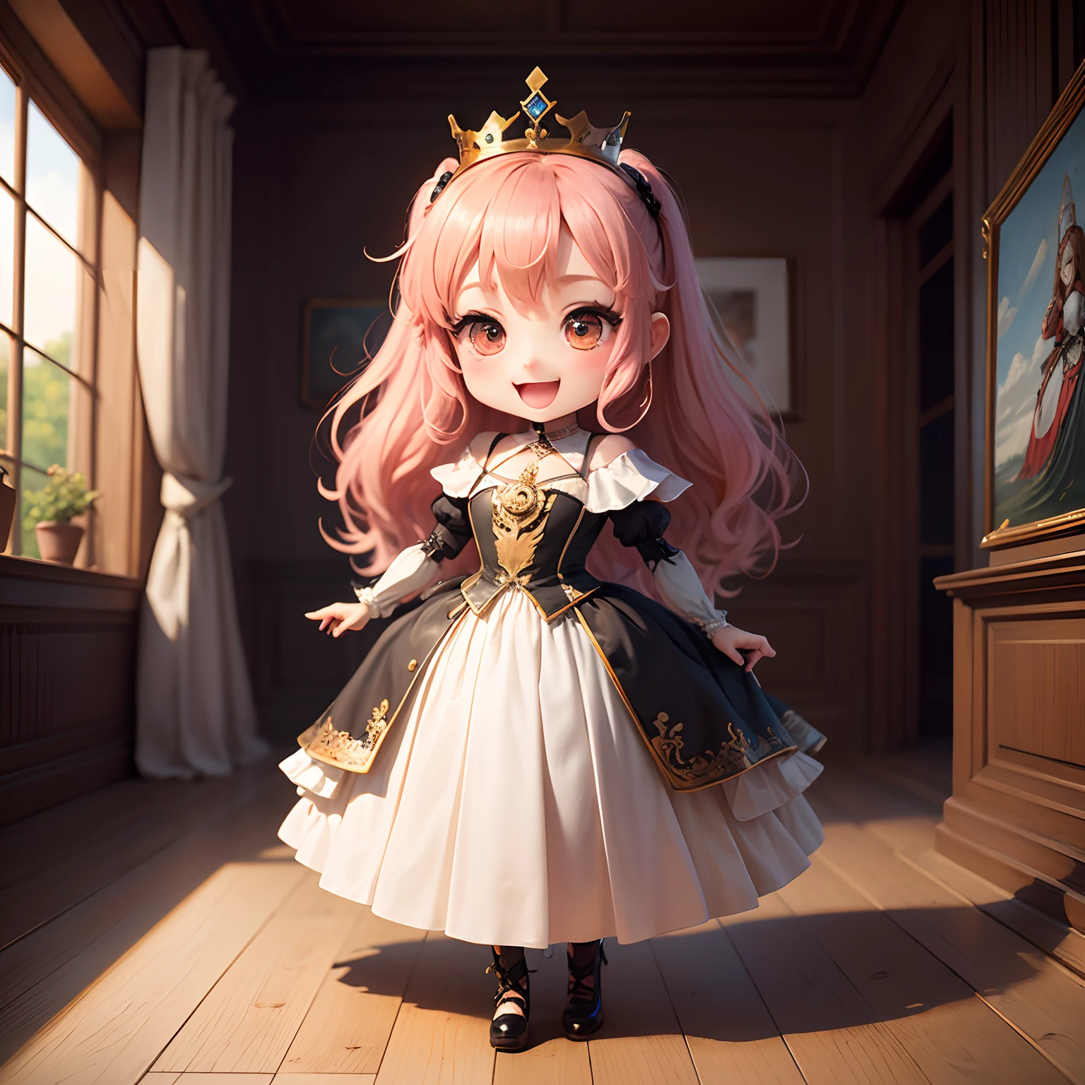 ​masterpiece、top-quality、ultra-detailliert、(Chibi Chara　Queen of France:1.2),Open your mouth and smile,Full-body standing figure,Painterly,portraitures,,//Chibi Character Painter,