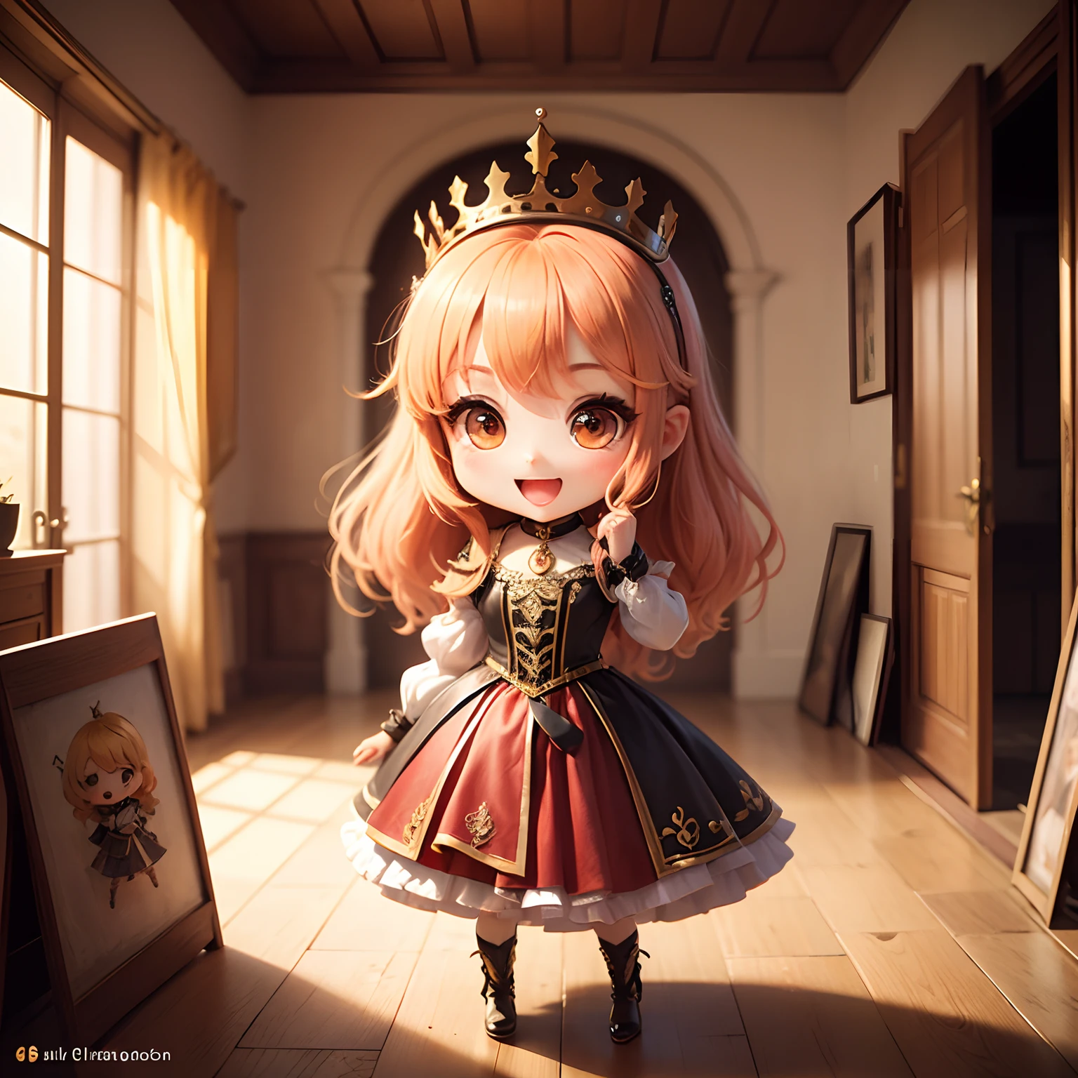 ​masterpiece、top-quality、ultra-detailliert、(Chibi Chara　Queen of France:1.2),Open your mouth and smile,Full-body standing figure,Painterly,portraitures,,//Chibi Character Painter,