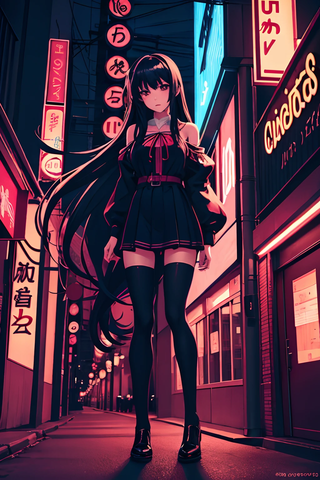 Anime Girl With Dark Long Hair Standing On Night Street With Beautiful Figure Neon Signs Good Quality