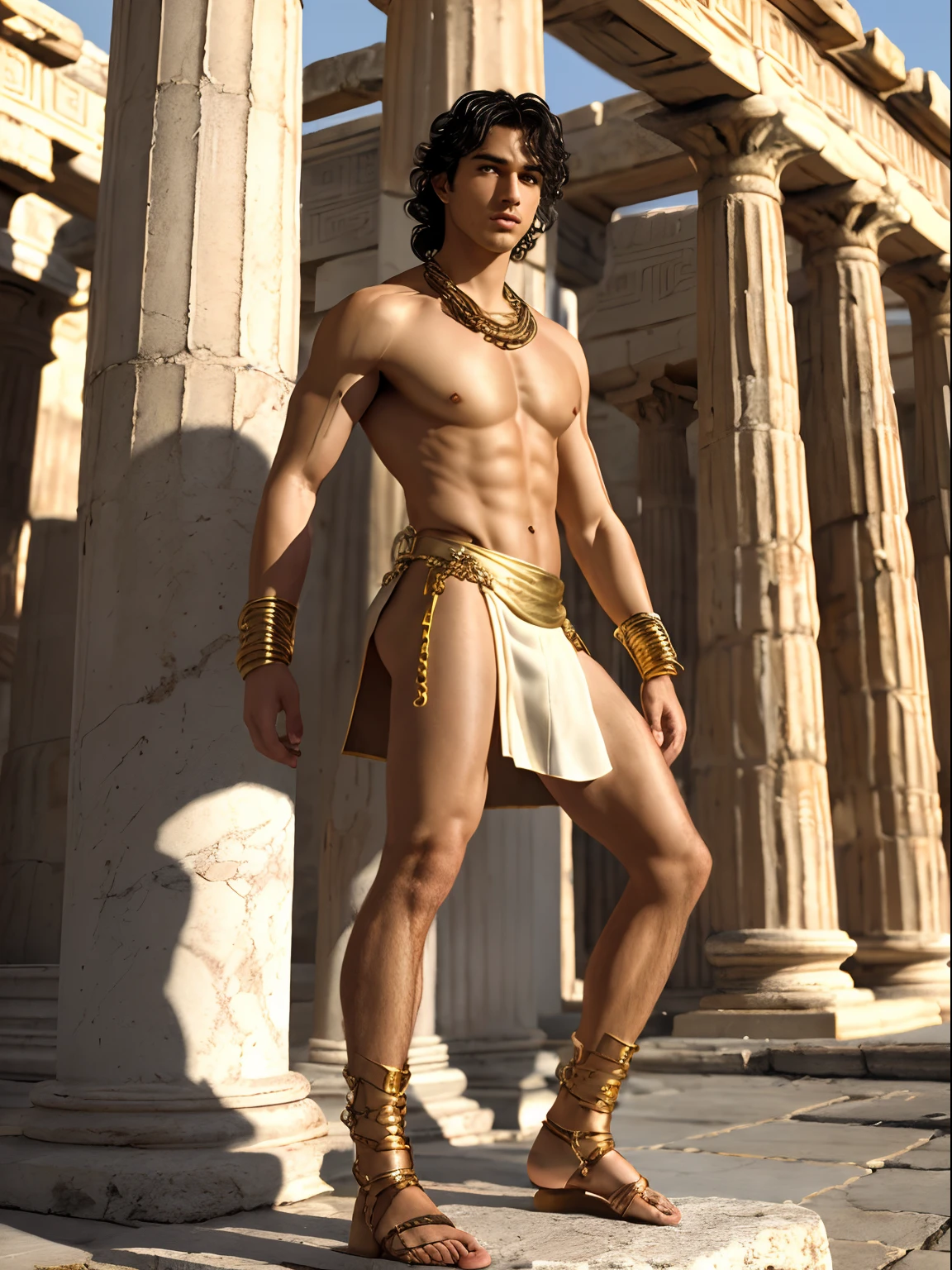 ((best quality)), ((masterpiece)), (detailed), 1man, 20 years old, thin, one leg propped up on a broken marble column, greek temple, short black wavy hair, beautiful male face, detailed eyes, standing sideways, looking at camera, topless, golden chain belt, wearing a white linen loincloth, exposed butt, arm ring, arm band on bicep, gold band on upper thigh, wide gold anklet, mens leather gladiator sandals, detailed skin, realistic, uhd image, hires, 8k, semi-realistic, epic lighting, sharp focus, realistic, romantic,