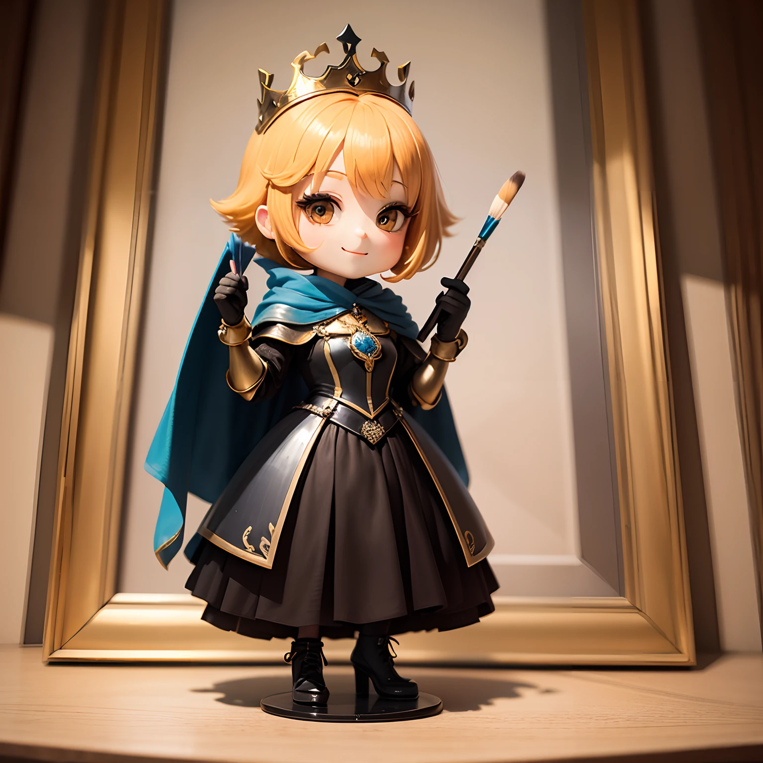 masterpiece、top-quality、ultra-detailliert、(Chibi Chara Queen of France:1.2),Open your mouth and smile,Full-body standing figure,Painterly,portraitures,,//Chibi character painter looks at portrait,Holding a brush,Has a color palette🎨