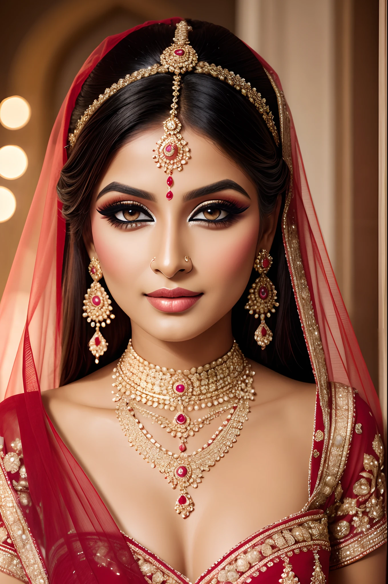 Beautiful face, Indian bride, intense makeup, skin texture, hyper detailed, eye shadow, maakara