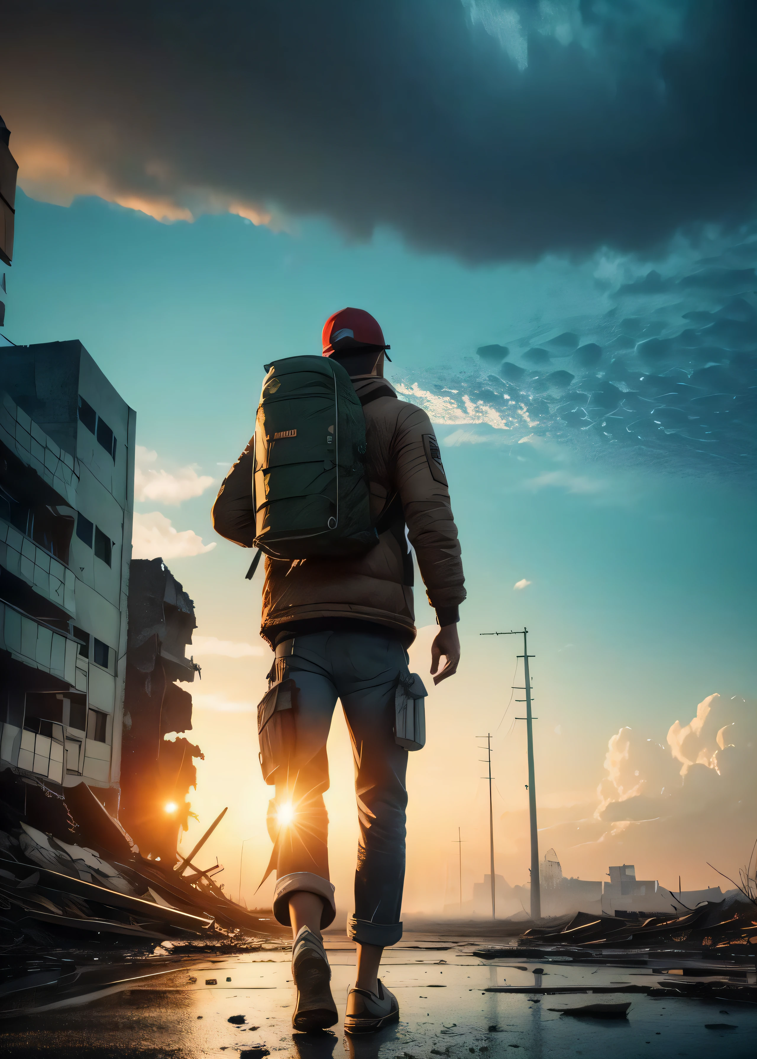 ((masterpiece)), ((best quality)), (realistic), postapocalypseAI, cinematic lighting, detailed, extremely detailed, from behind, <lora:postapocalypseAI:0.8>,solo, a male scavenger walking on the street of ruined city, wearing a leather cap and a gas mask, rugged outfit, carrying a backpack, red sky, lightening, clouds, twilight, toxic miasma, fog,