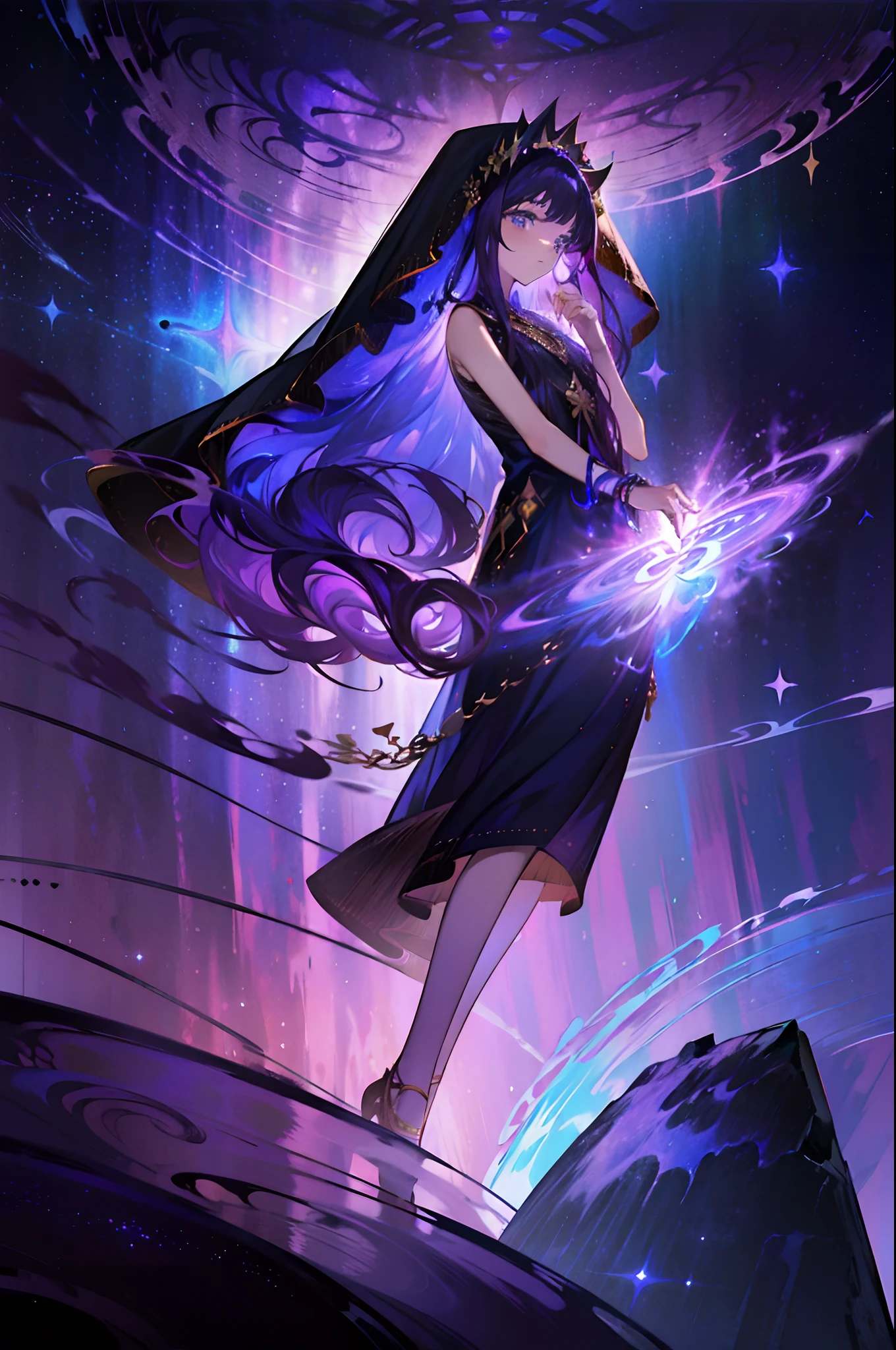 Masterpiece, dreamlike art, 8k, best quality, 1 girl, solo, veil, goddess of the void, celestial body, sparkling violet hair, dark multicoloured hair, wavy long hair with tubes, divine demeanor, expressionless, gorgeous girl, young lady, sleeveless showy starry tunic, cute hair accessories, lots of hair accessories fit of a goddess