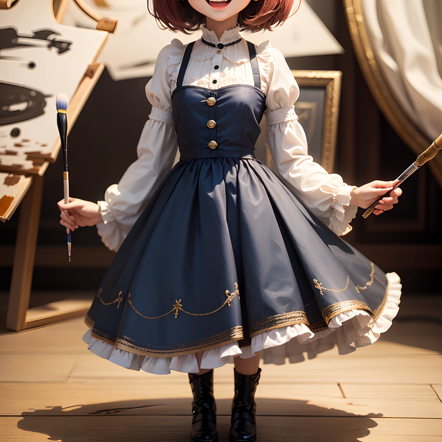 masterpiece、top-quality、ultra-detailliert、(Chibi Chara Queen of France:1.2),Open your mouth and smile,Full-body standing figure,Painterly,portraitures,,//Chibi character painter looks at portrait,Holding a brush,Has a color palette🎨