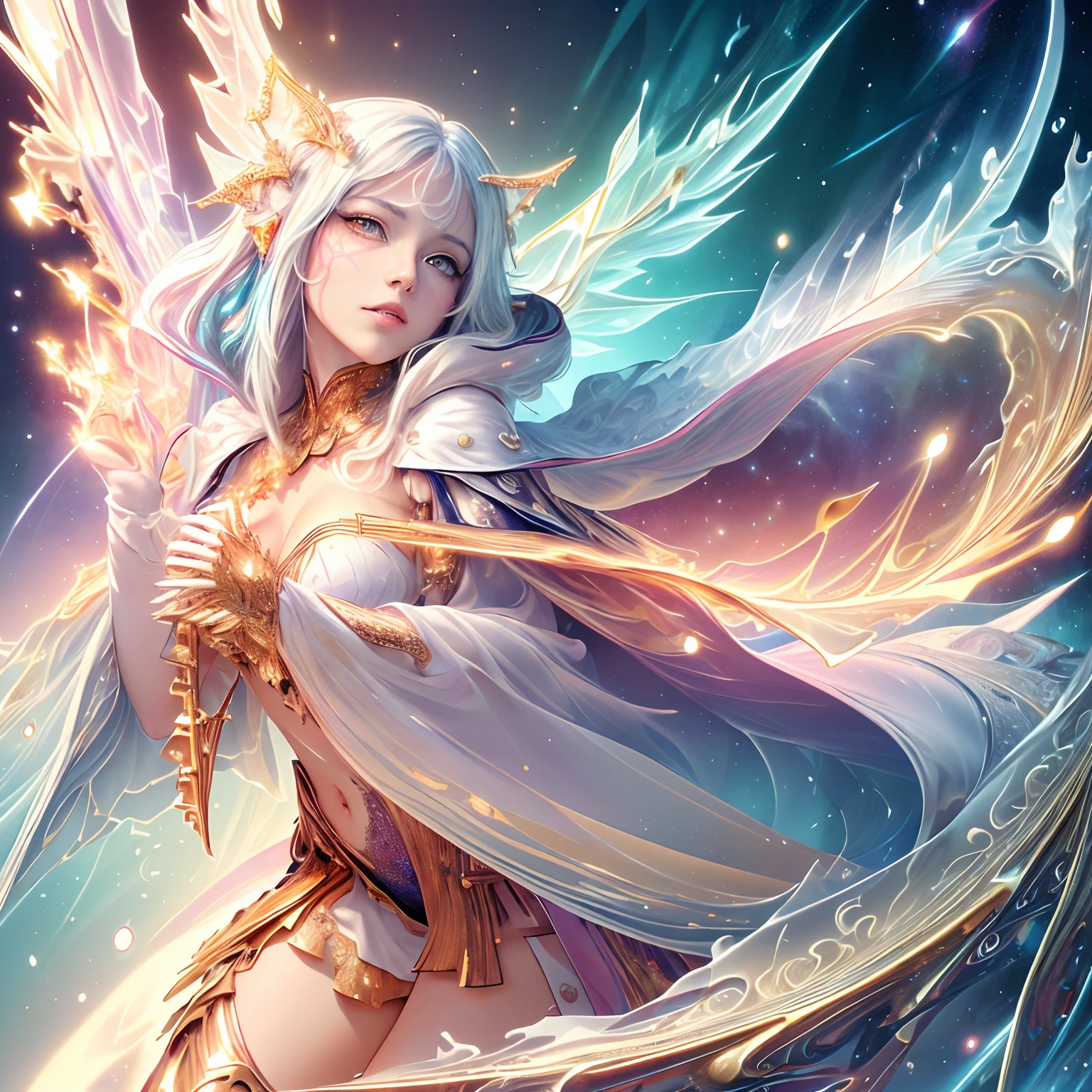 the holy sword Durandal, shatters the transparent crystal ball, erupting rainbow cosmic rays and sending the galaxy hurtling towards destruction, beautiful demon queen, cool and sadistic, amorous and lewd face, looking down with a cold gaze, background galaxy, (ultra detailed, absolutely resolution, best quality:1.3), 2.5D, delicate and dynamic, artistic photography, hyper realistic, graphic CG digital art