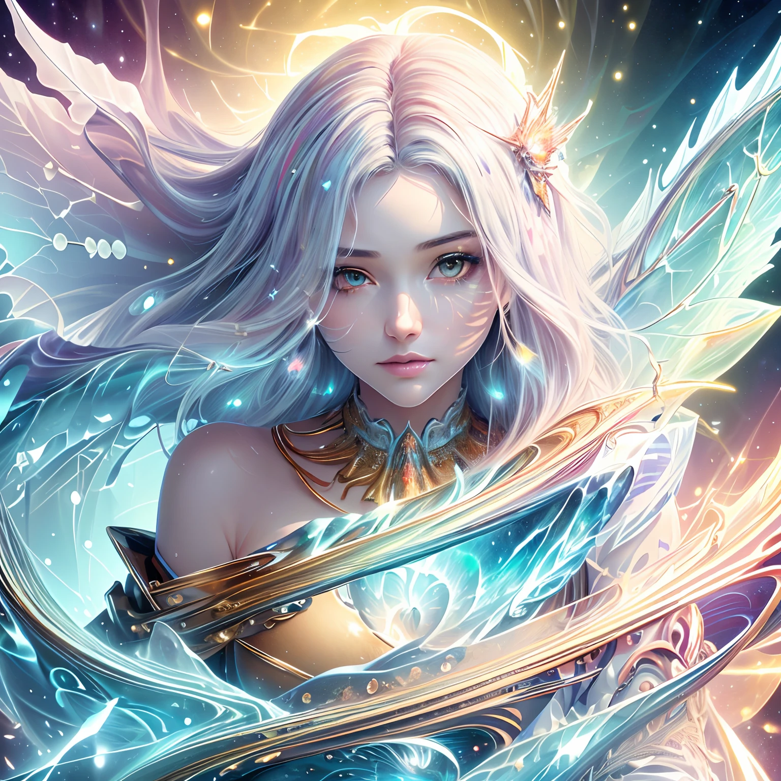 (masterpiece, top quality, best quality, official art, beautiful and aesthetic:1.2), (1girl), extreme detailed eyes, (fractal art:1.3), colorful, highest detailed, (perfect face), shiny skin, HDR, (white cloak golden lines:1.2), galaxy, (light streaks), striking visuals, (dynamic streaks, luminous trails:1.2), vibrant colors, (phoenix), (dragon),