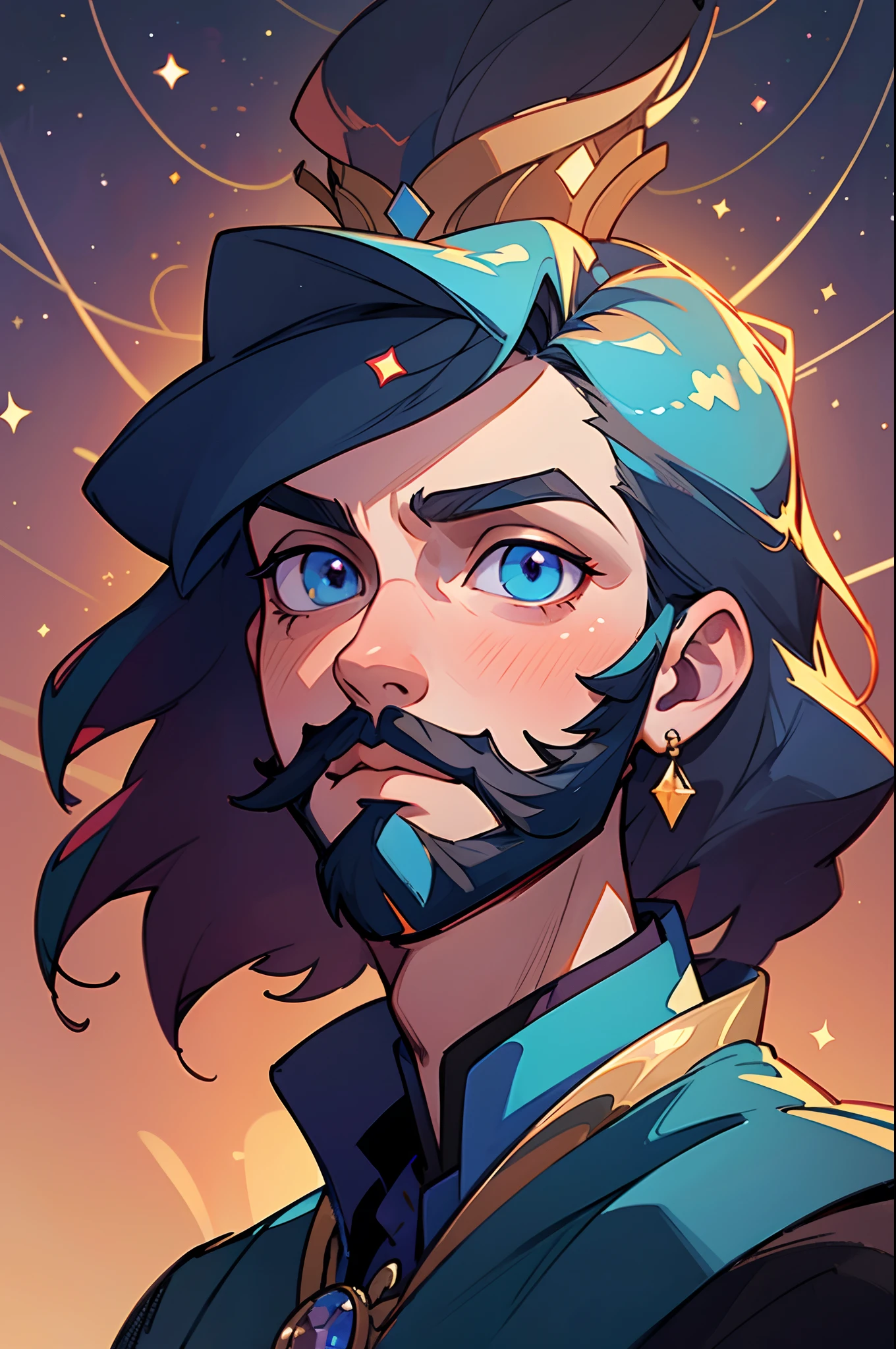 (best quality,4k,8k,highres,masterpiece:1.2),portrait,prince of the planet Mercury,extravagant royal clothing,regal crown,sparkling jewels,gorgeous and realistic facial features,deep piercing blue eyes,meticulously groomed beard and mustache,high cheekbones,portrait at an angle to showcase his confident and powerful presence,dark and mysterious background with planets and constellations floating,soft warm lighting highlighting the prince's majestic aura,vivid colors to bring out the richness of his attire and surroundings,impeccable attention to detail,realistic skin texture and subtle shading,beautifully rendered hair and fine strands with a slight shimmer,delicate brush strokes to capture the essence of the prince's noble character
