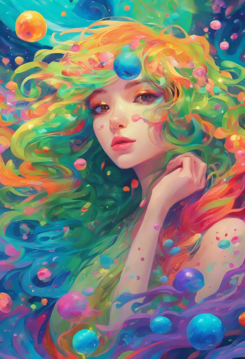 ((top-quality, 8K)), (Realistic), (Face Focus: 1.1), (blue and green: 1.3), Kawaii Girl, Long, reddish、multi colored, Colorful, Dancing Girl、Serving maracas in the hands
Long hair fluttering in the wind, Facing to the side, Look up at your face, Eyes closed, (Sleeveless: 1.1)、Skirt, D Cup Breasts, Countless soap bubbles,
