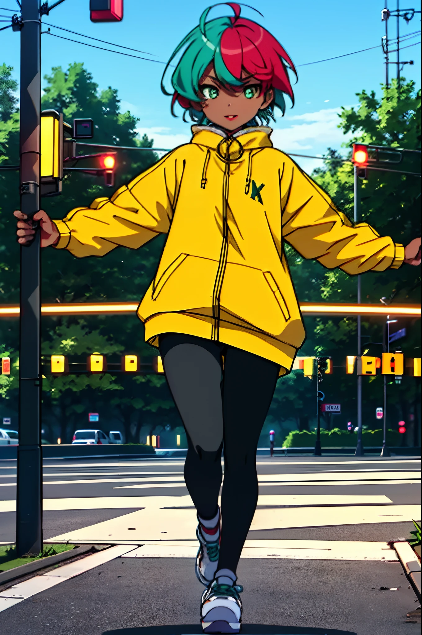 (Materpiece, complete body, best quality, good anatomy) 1 girl, solo, tanned skin, red lips, teal hair, multicolor hair, short hair, green eyes, yellow latex top, black legwears, platform shoes!!, walking, city park, night.